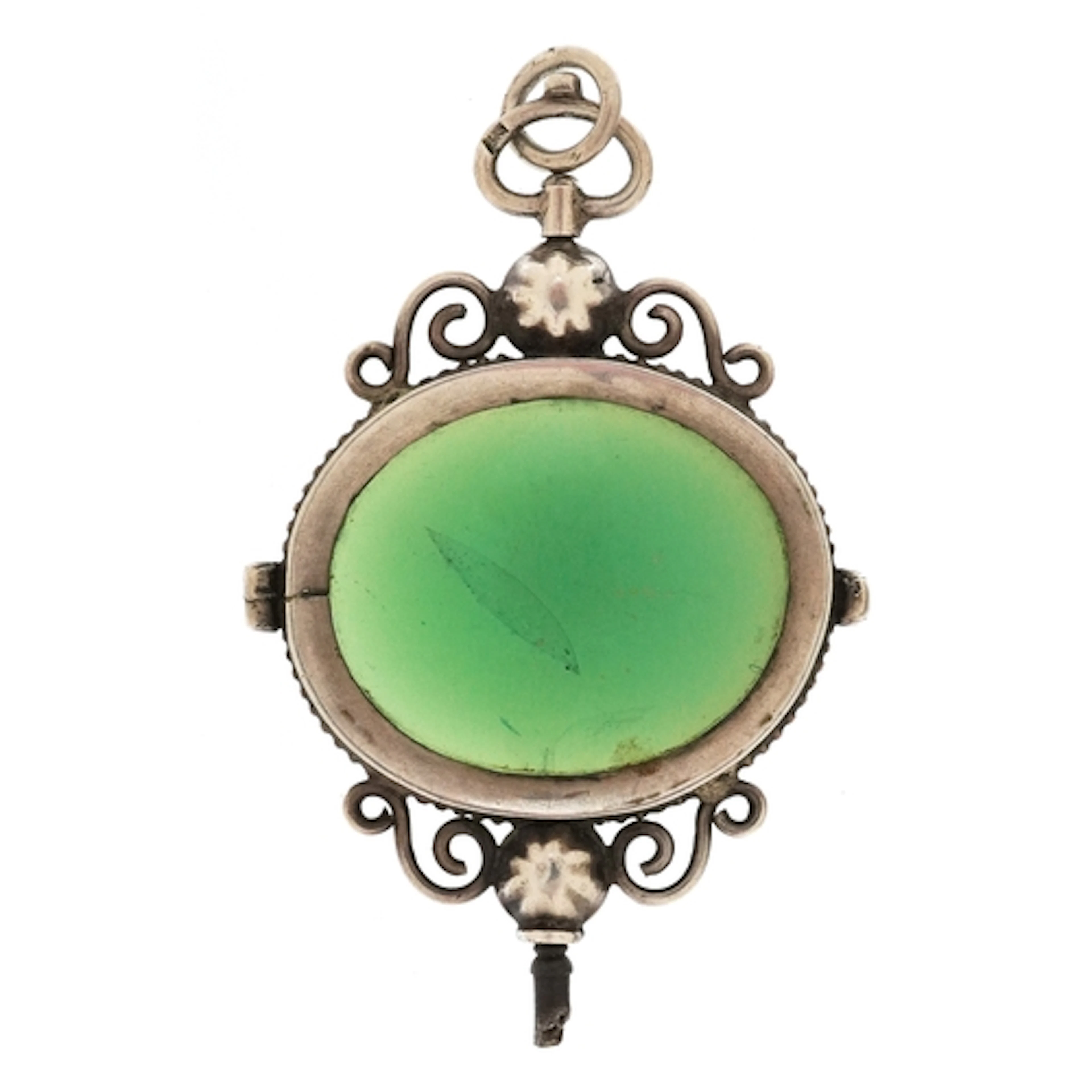 Antique silver green stone watch key with pendant bail, poss...