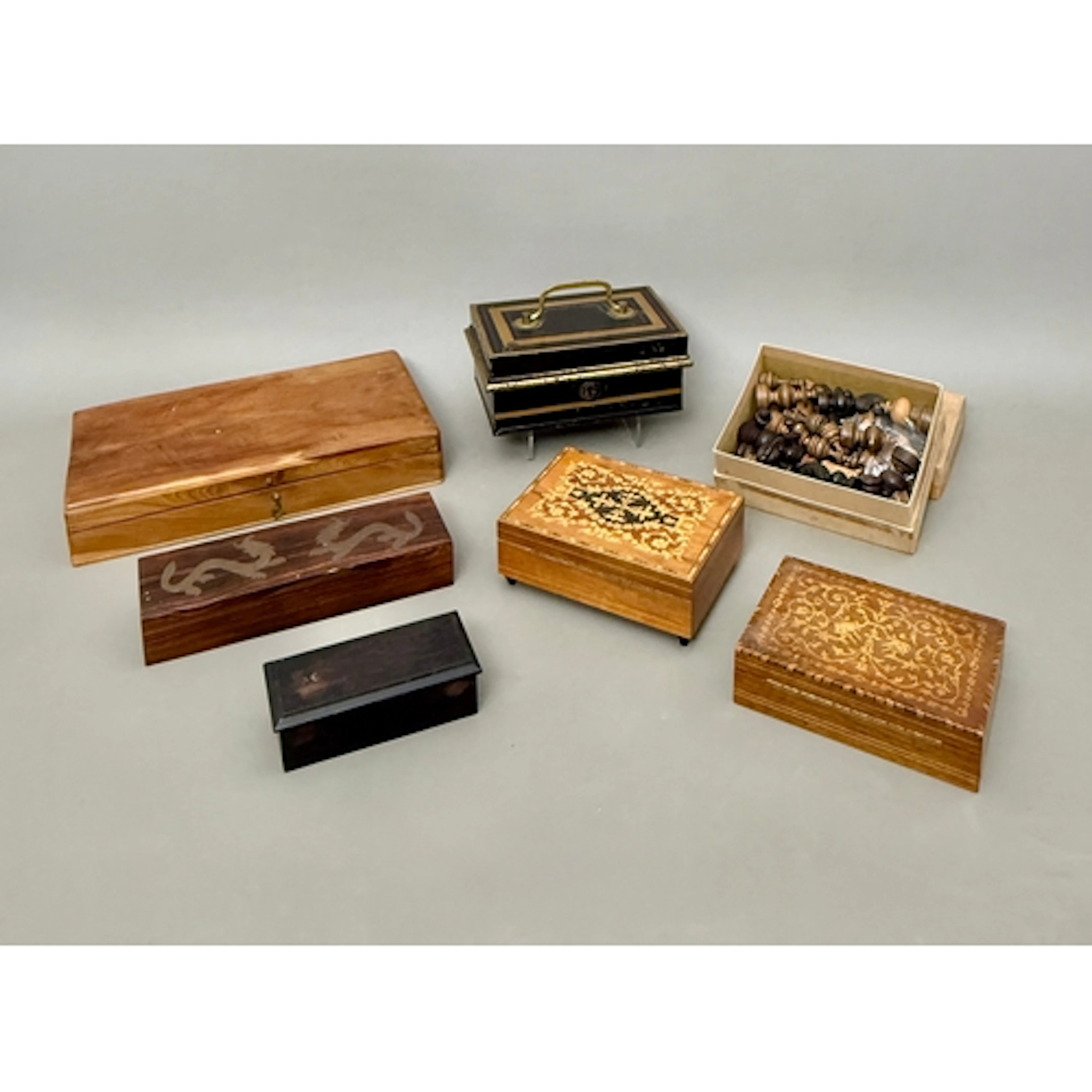 A small group of boxes - including a yew wood box, 27.5 x 15...