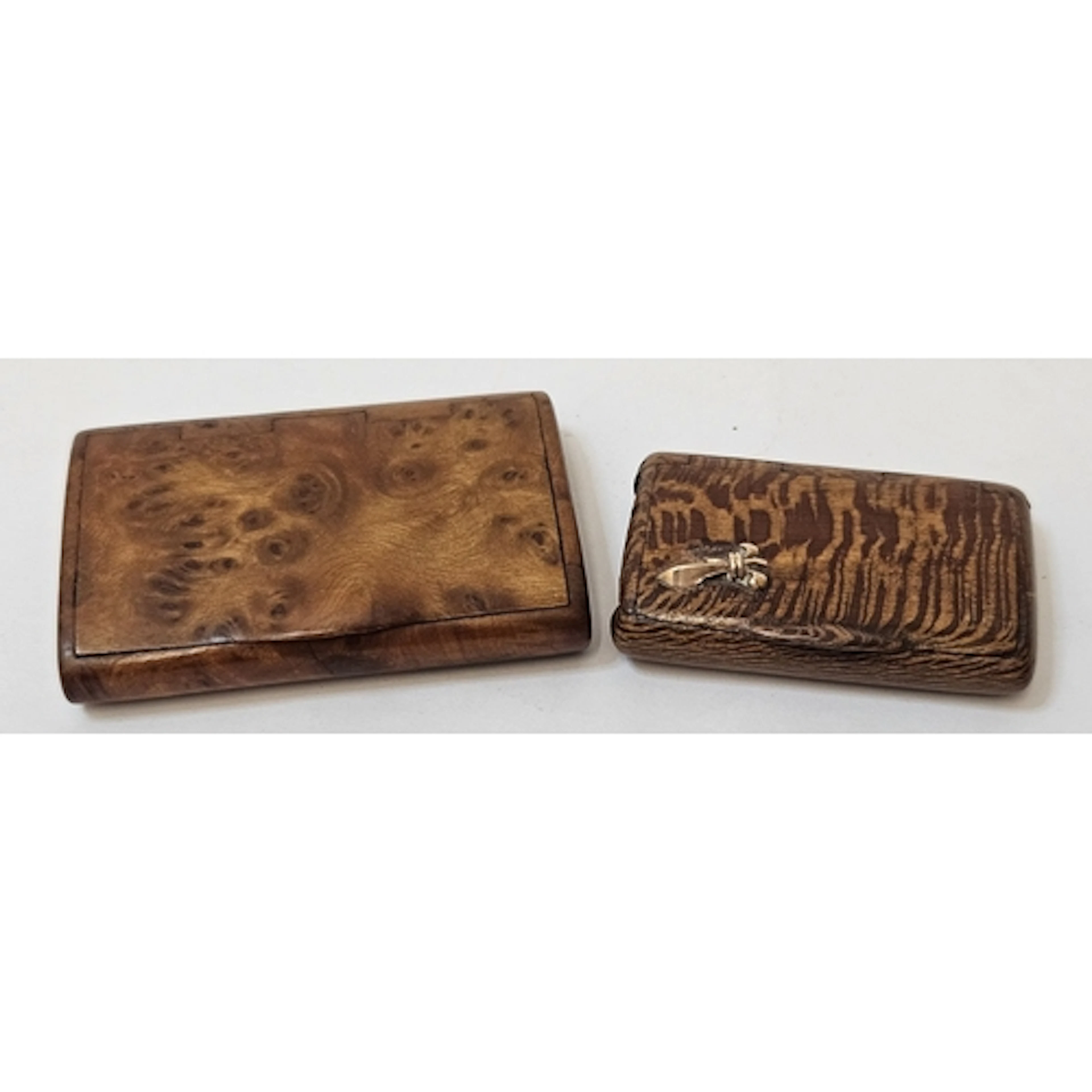 2 Burr Wood Snuff/Pill Boxes, 1 with yellow metal fleur de l...