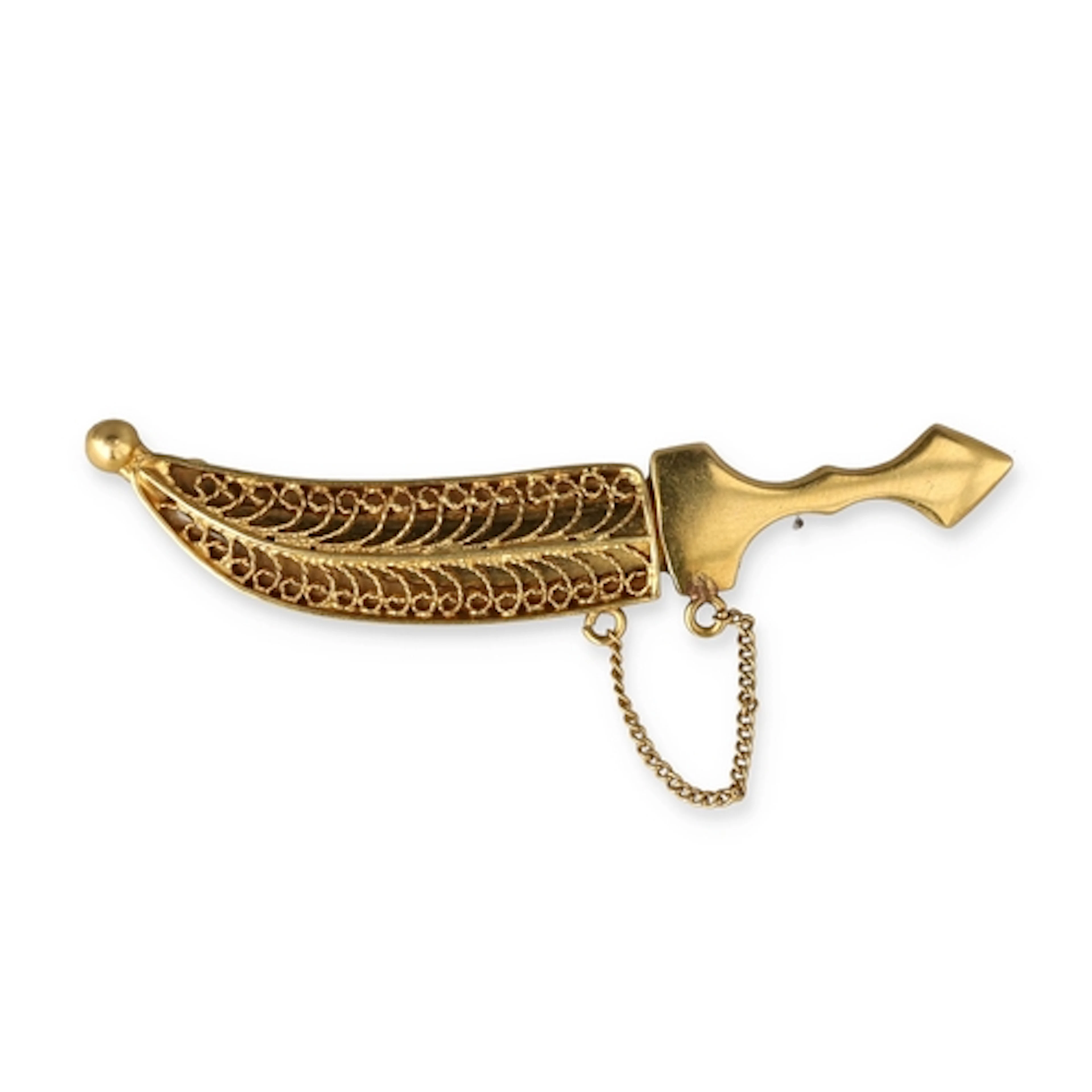 A HIGH CARAT GOLD BROOCH IN THE FORM OF A DAGGER AND SHEATH ...