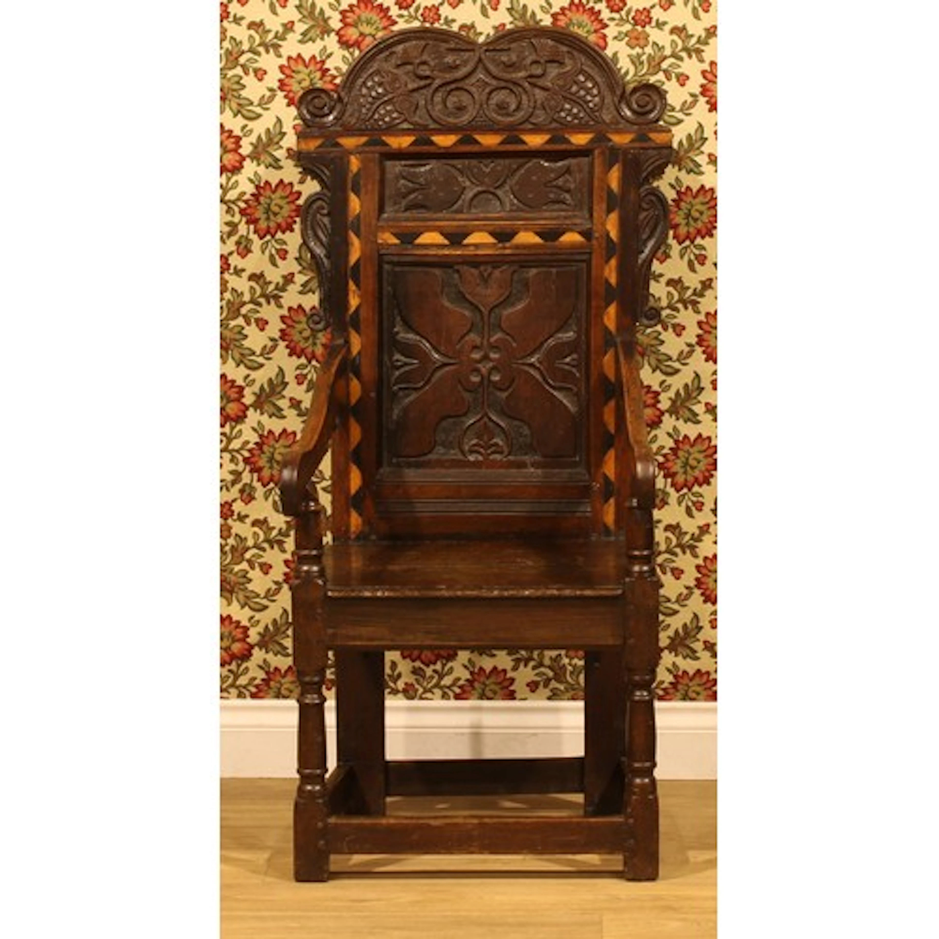 A Charles II oak, bog oak and holly wainscot chair, probably...