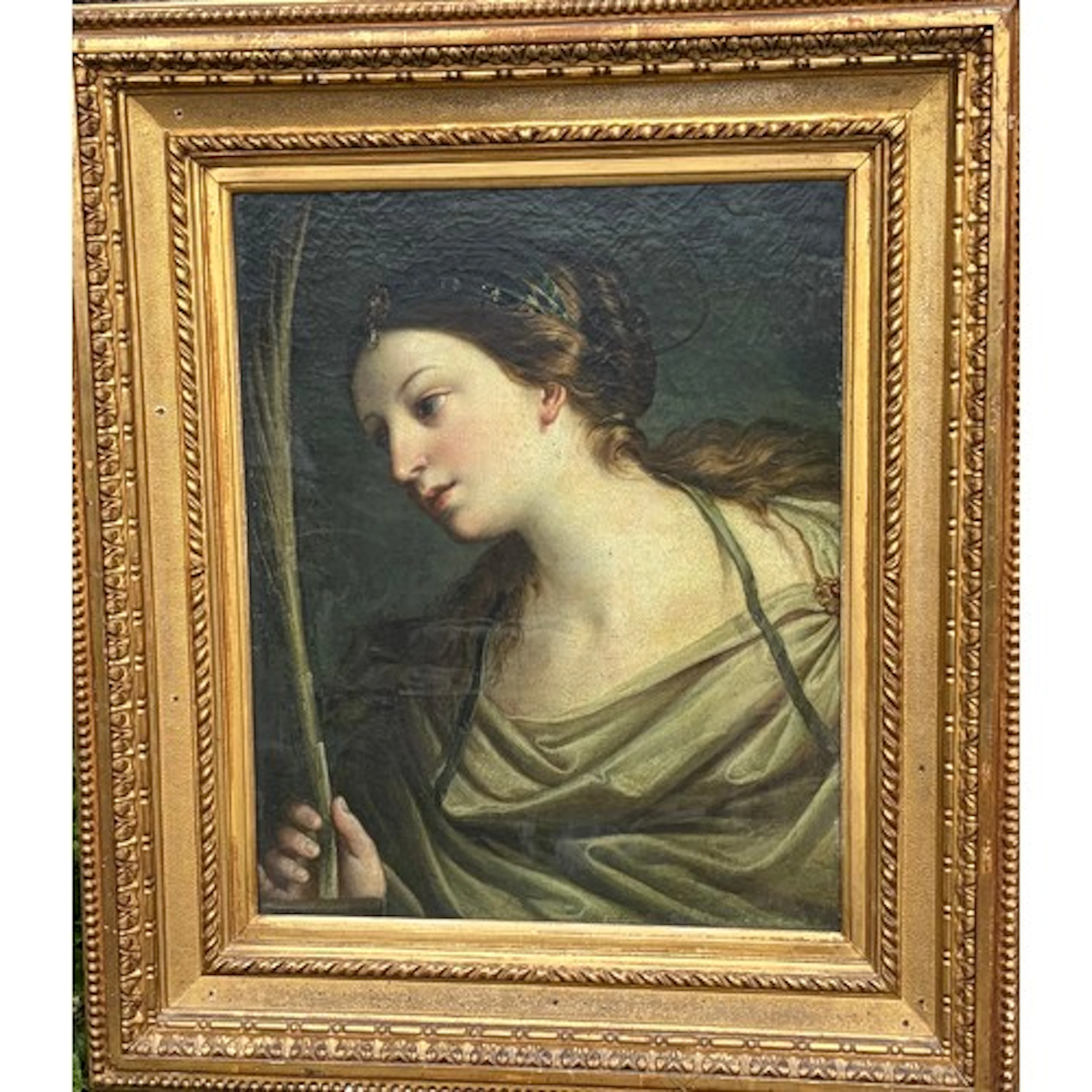 A large glazed oil painting of a classical portrait of a lad...