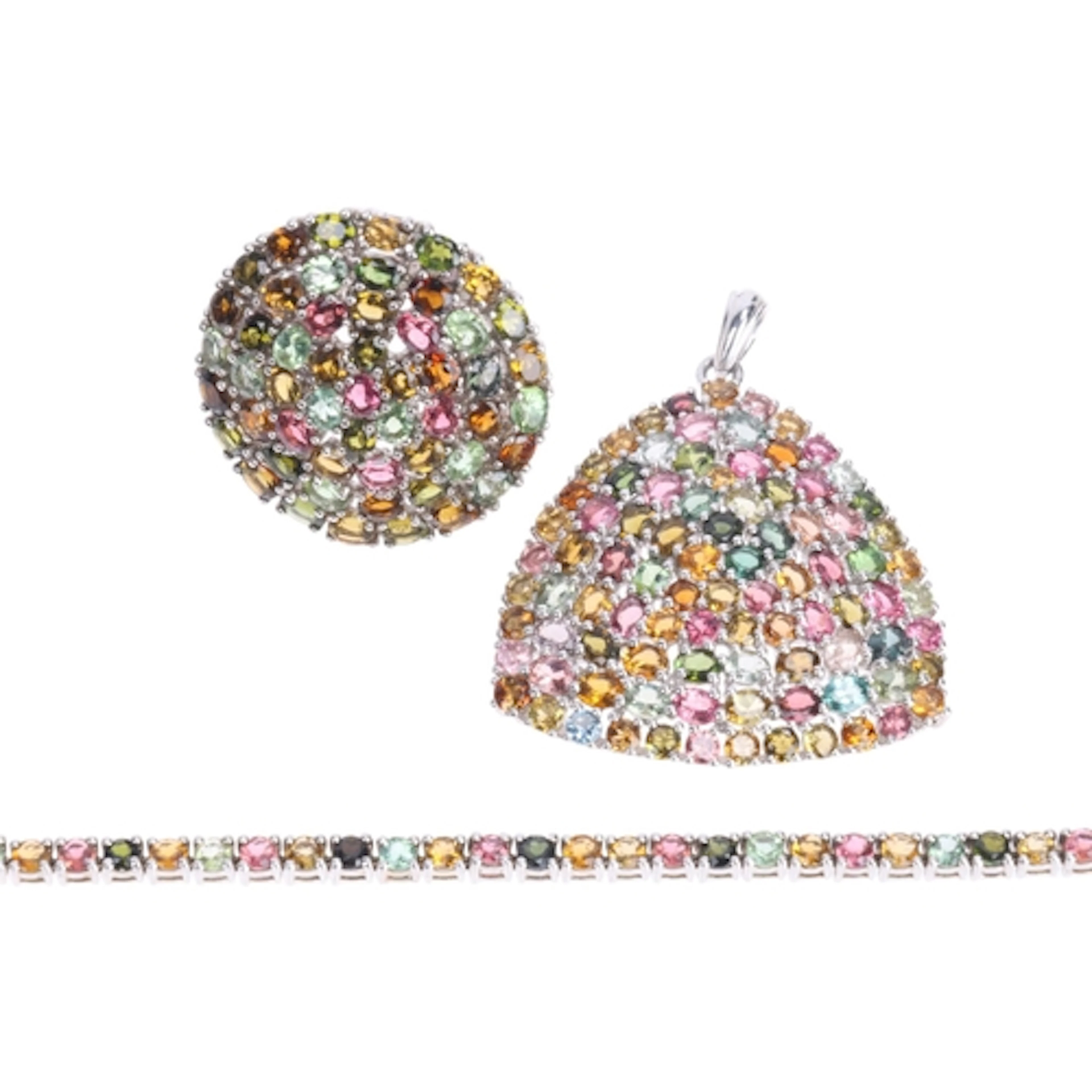 A sterling silver rainbow tourmaline jewellery set, Gemporia...