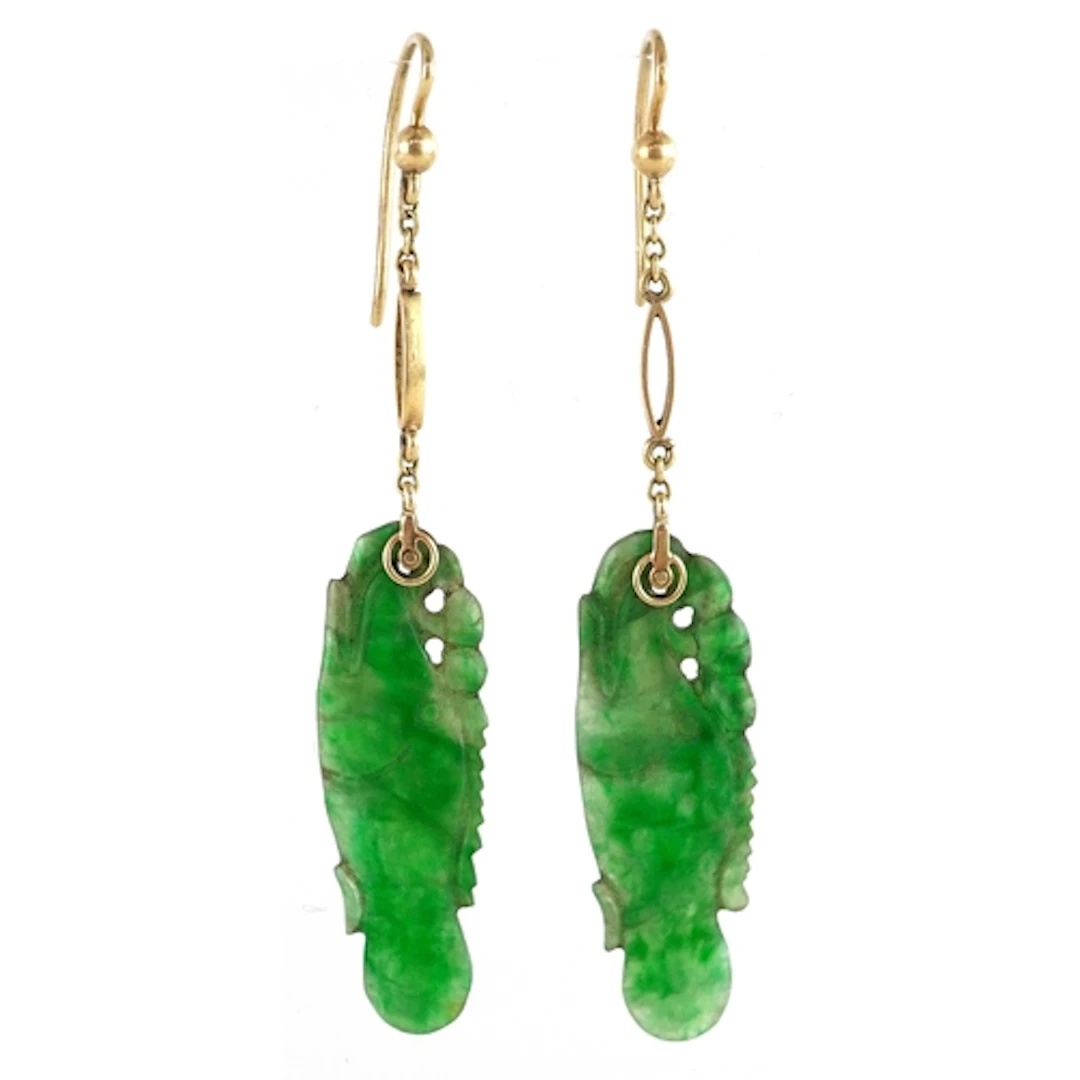 Pair of Chinese yellow metal and green stone drop earrings c...