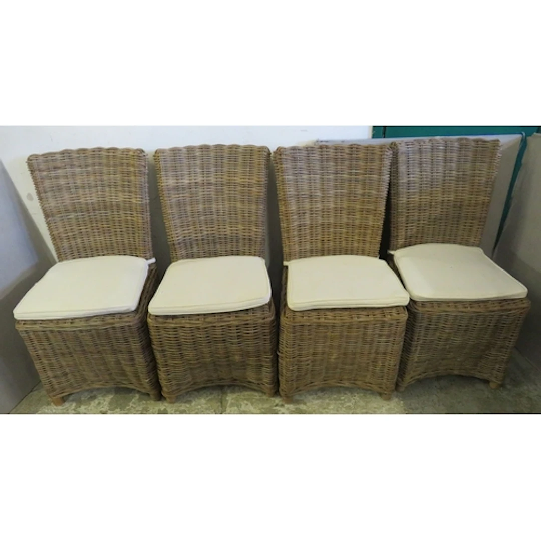 Set of 4 Wicker High Backed Dining Chairs, white upholstered...