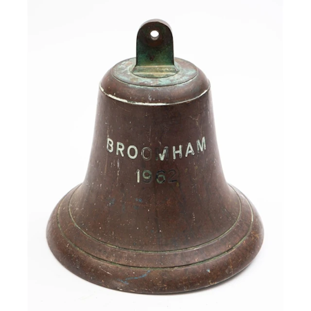 A 12 inch ship's bell 'Broomham' 1962, arched suspension ove...