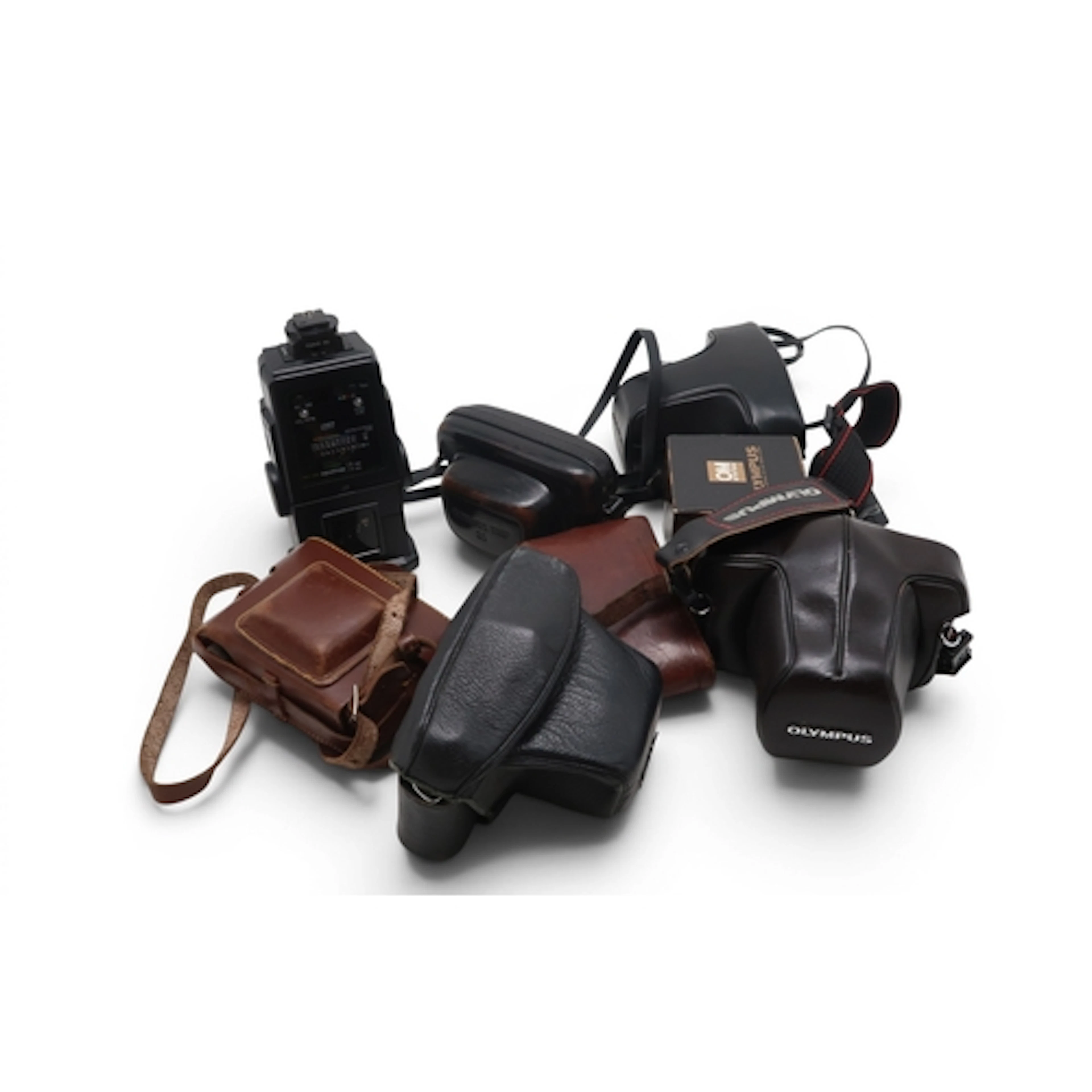 Olympus OM-1 and OM-10 cameras, with others by Yashica, Agfa...