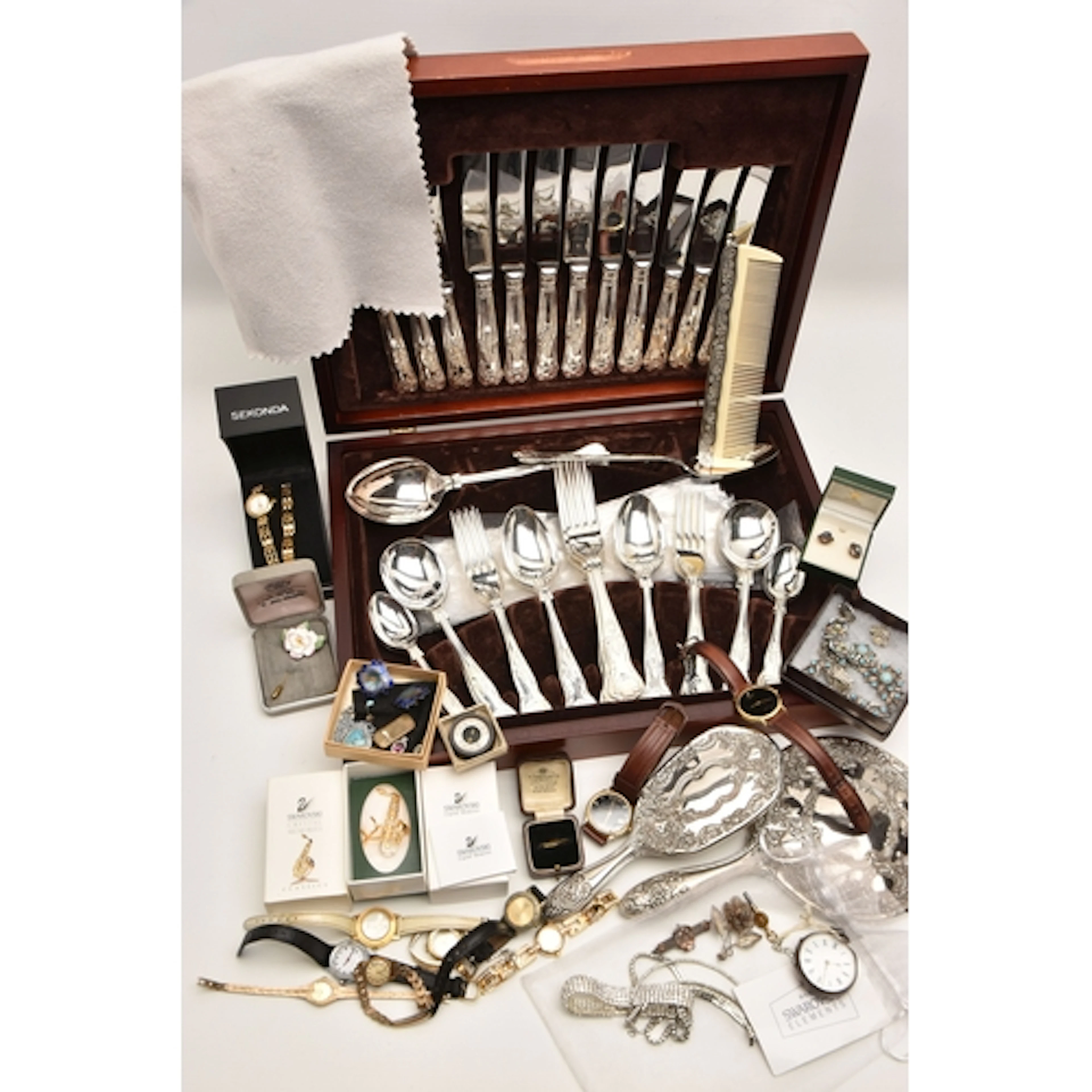 A BOX OF ASSORTED ITEMS AND A CANTEEN OF CUTLERY, to include...