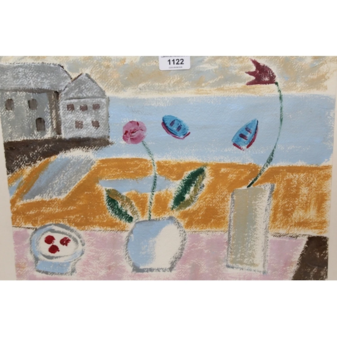 St. Ives School, mixed media painting, pots of flowers on a ...