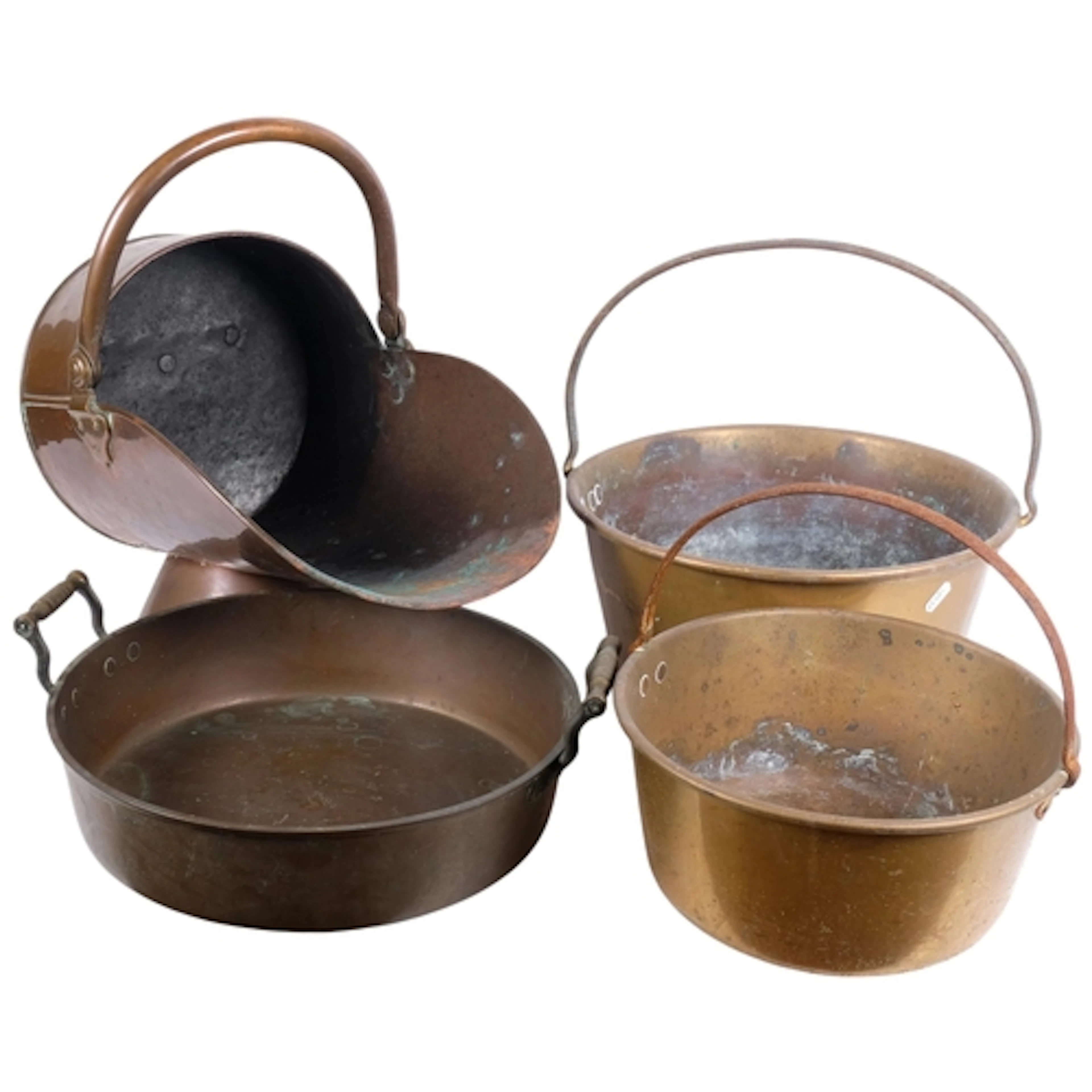 A 2-handled bronze preserve pan, and 2 other brass iron-han...