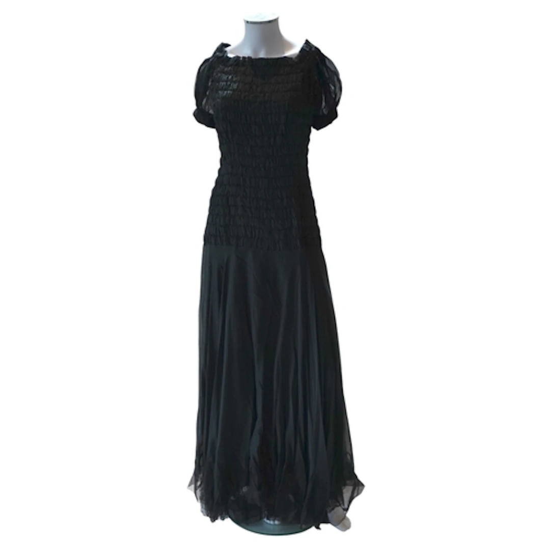 A late 1930's early 40's black silk chiffon and silk net eve...