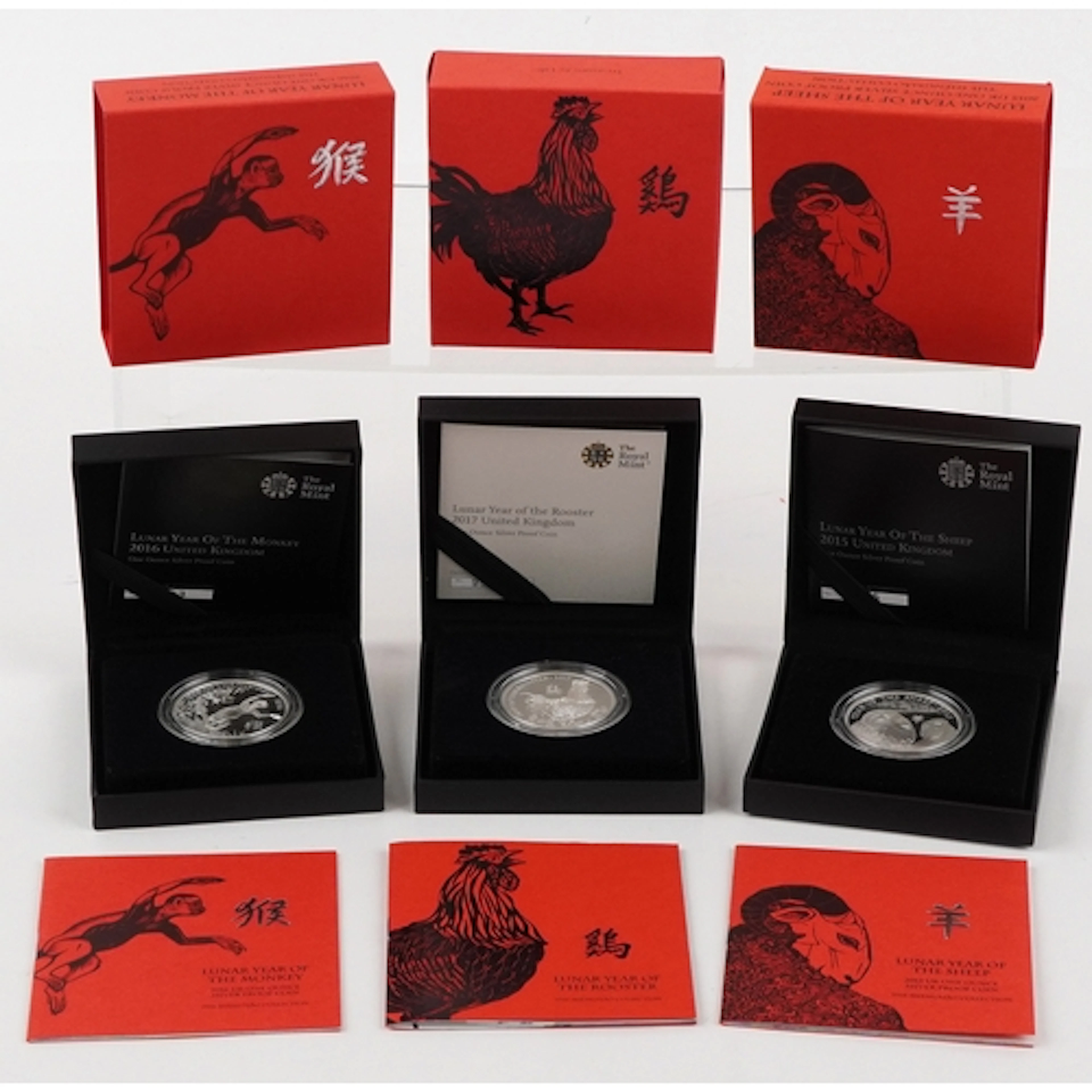 Three Royal Mint Chinese Lunar Year silver proof one ounce c...
