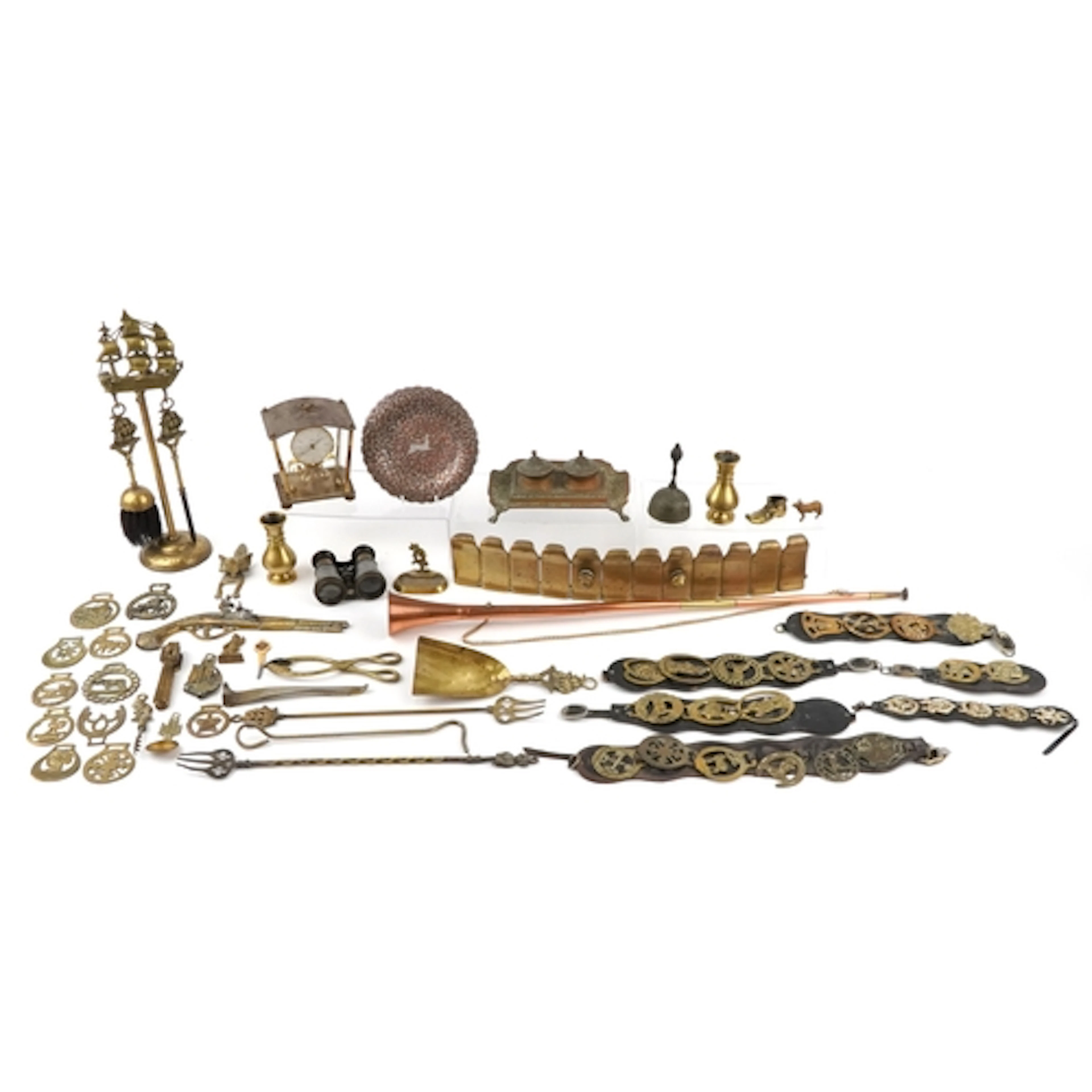 Collection of metalware including horse brasses, brass compa...