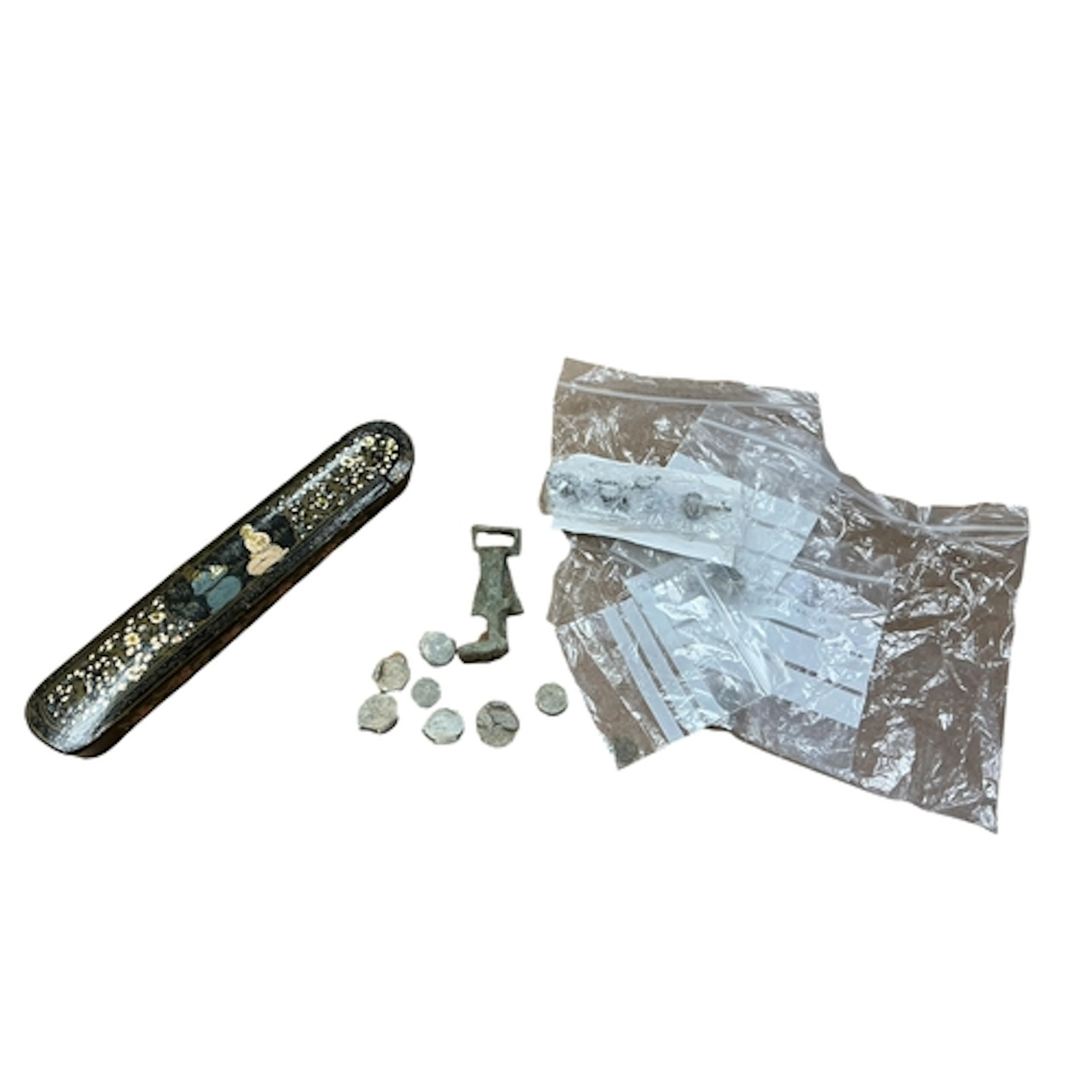 A small group of ancient style coins, along with two Delftwa...