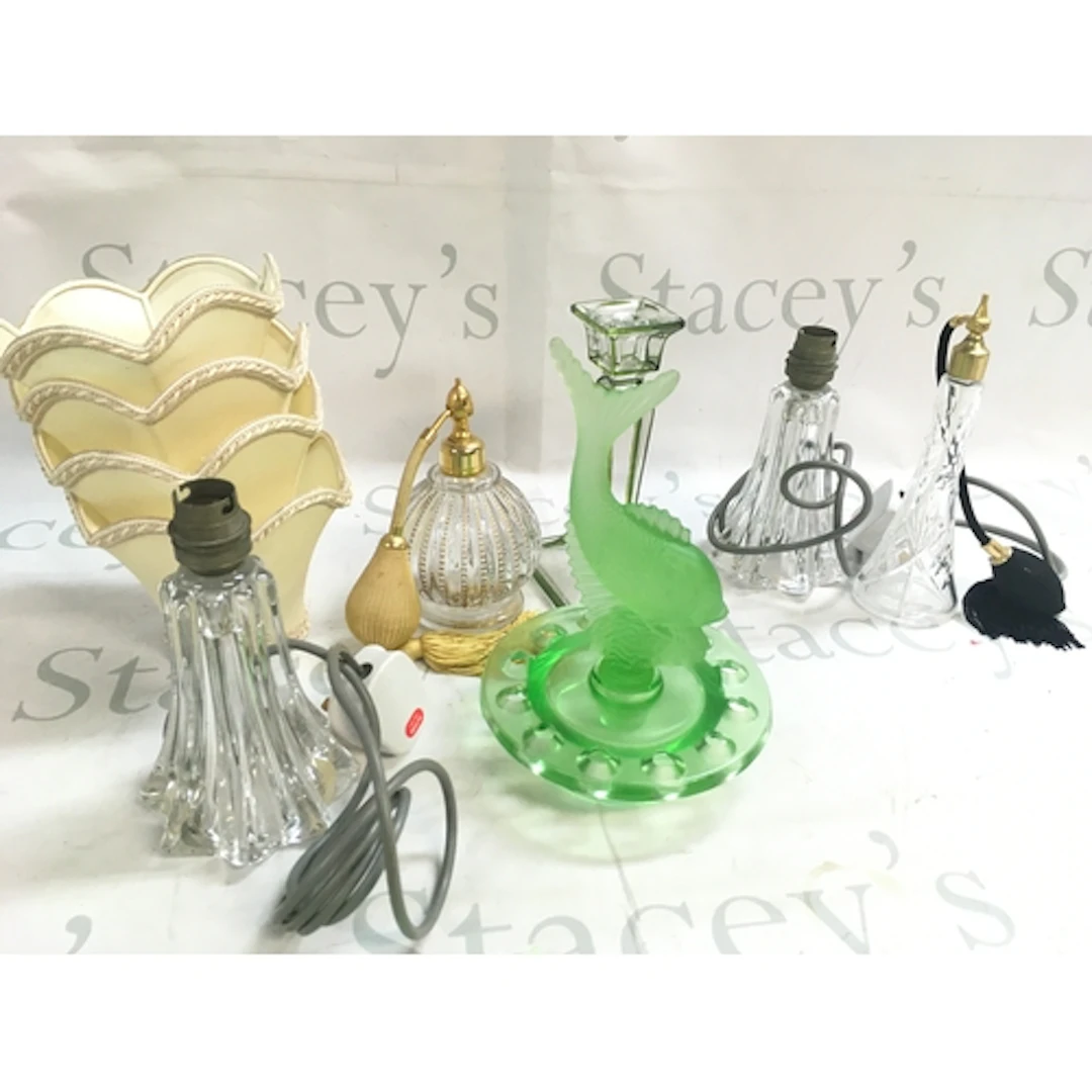 Glass lamps, glass fish, perfume bottles