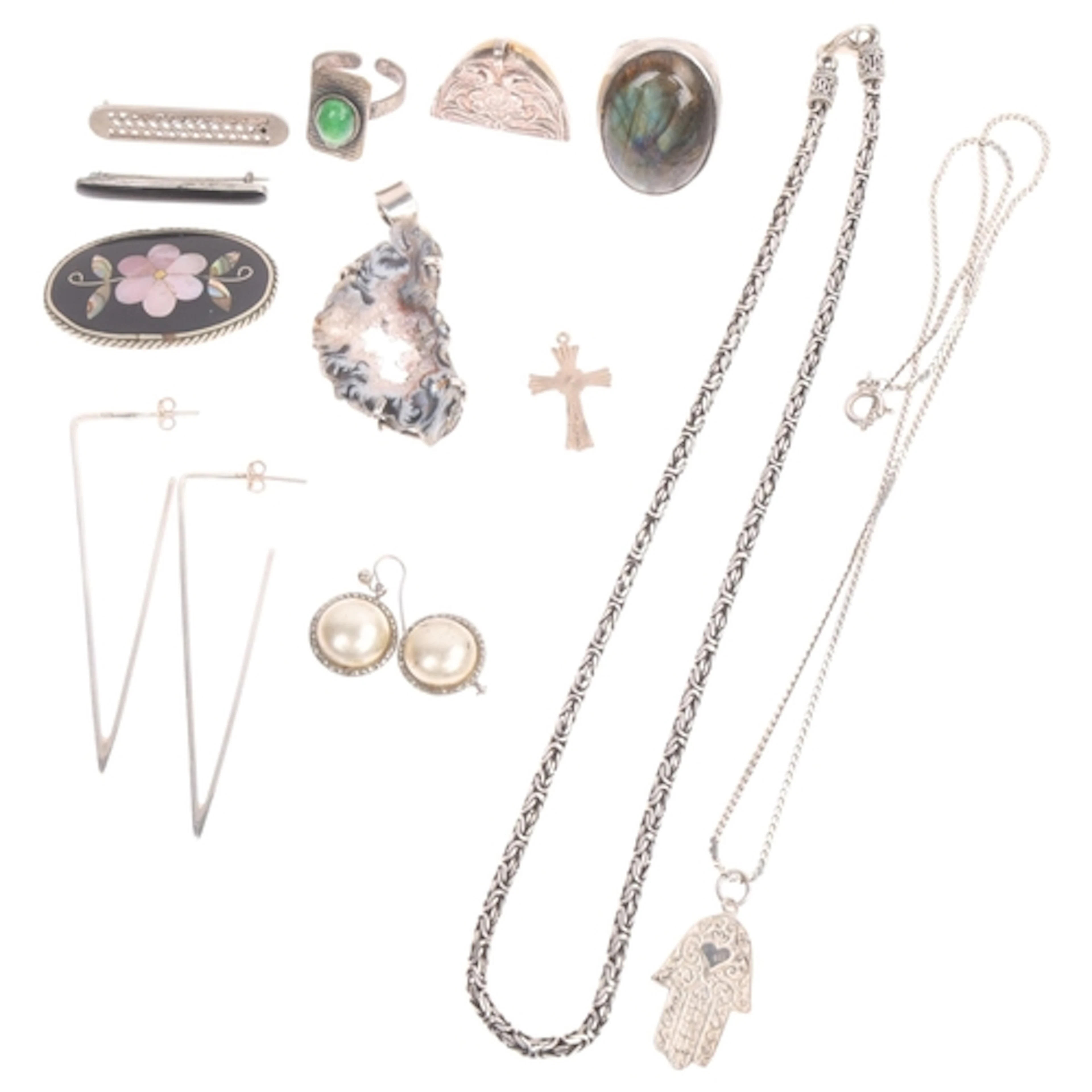 Various silver jewellery, including bird cage link chain nec...