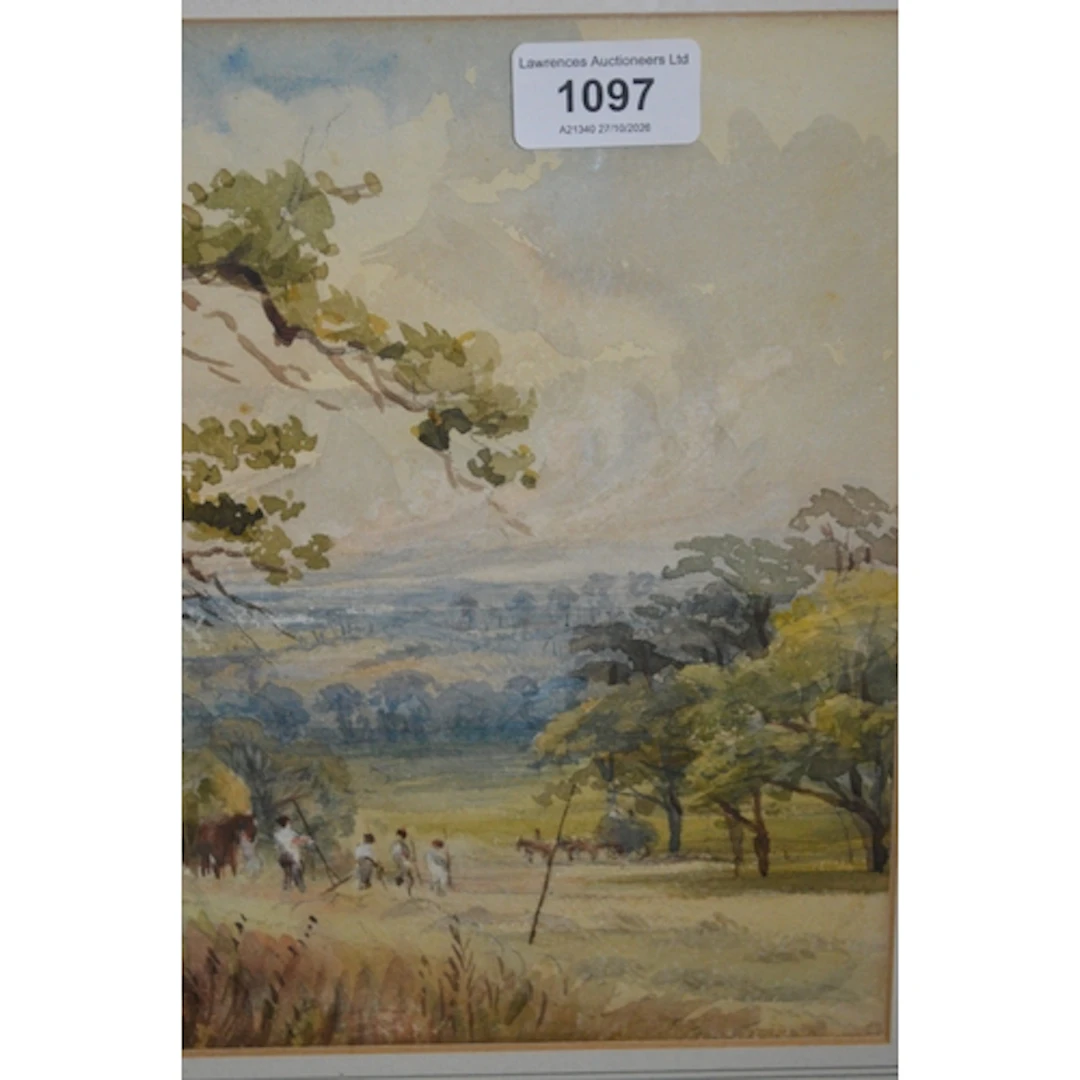 Watercolour harvesting scene, signed indistinctly, 23 x 18cm...