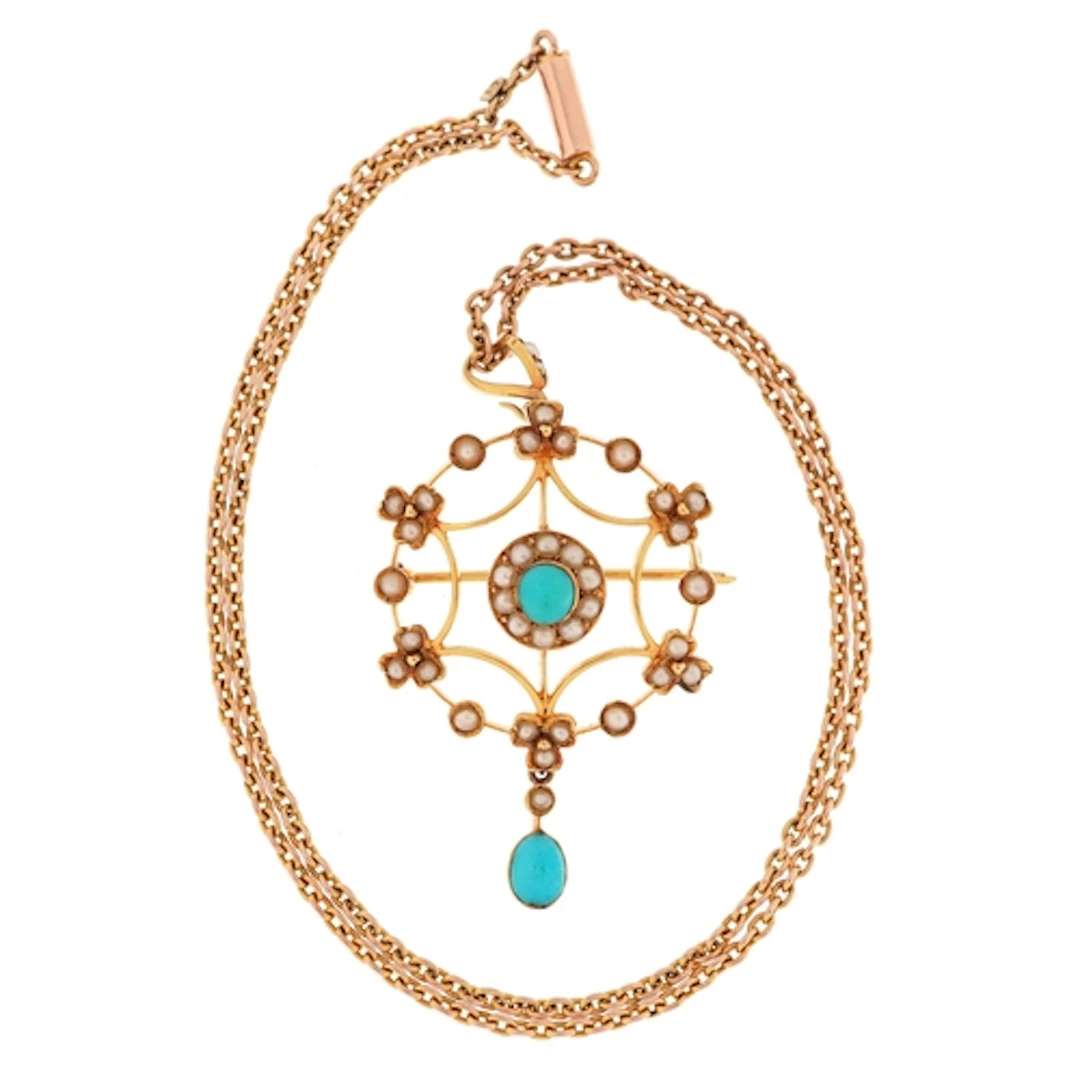 Edwardian 15ct gold seed pearl and turquoise openwork pendan...