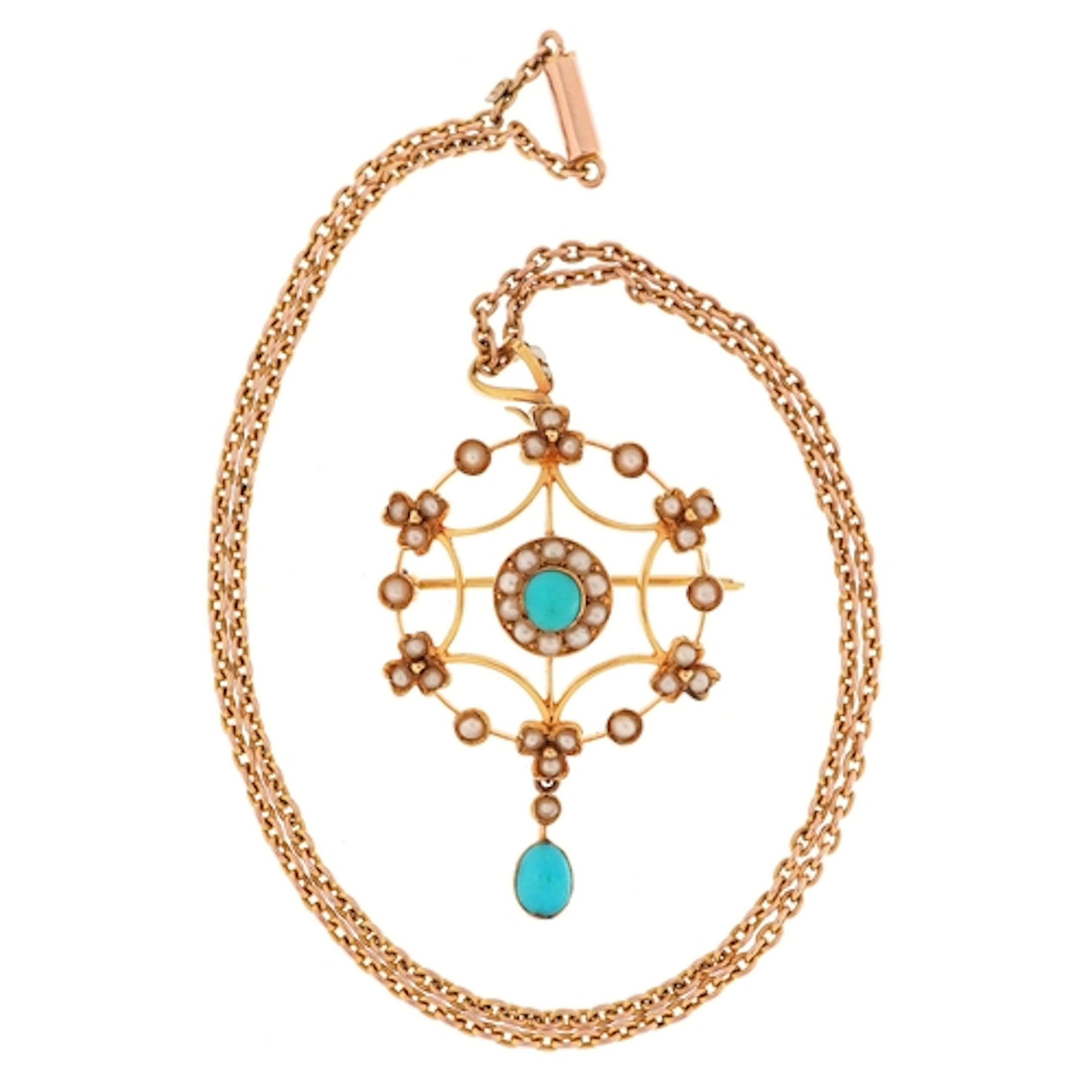 Edwardian 15ct gold seed pearl and turquoise openwork pendan...