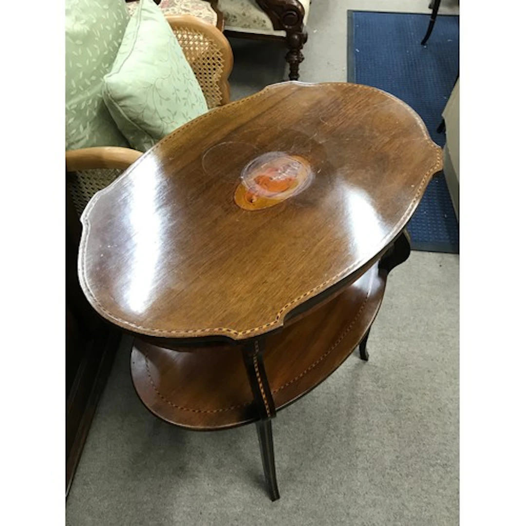 A Edwardian Mahogany Inlaid Table 70cm tall, 68cm wide. No R...