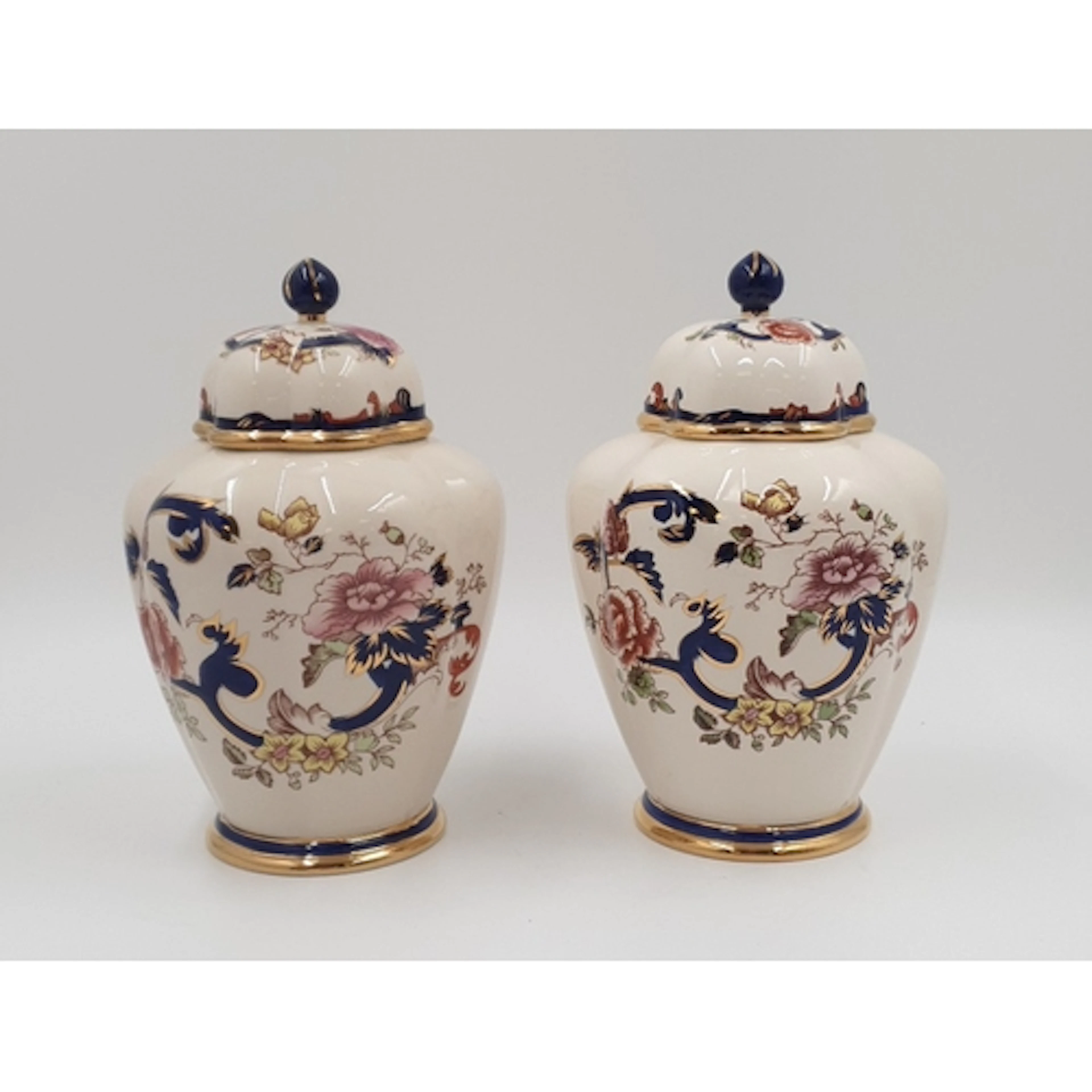 Pair of Mason's Blue Mandalay lidded ginger jars with floral...