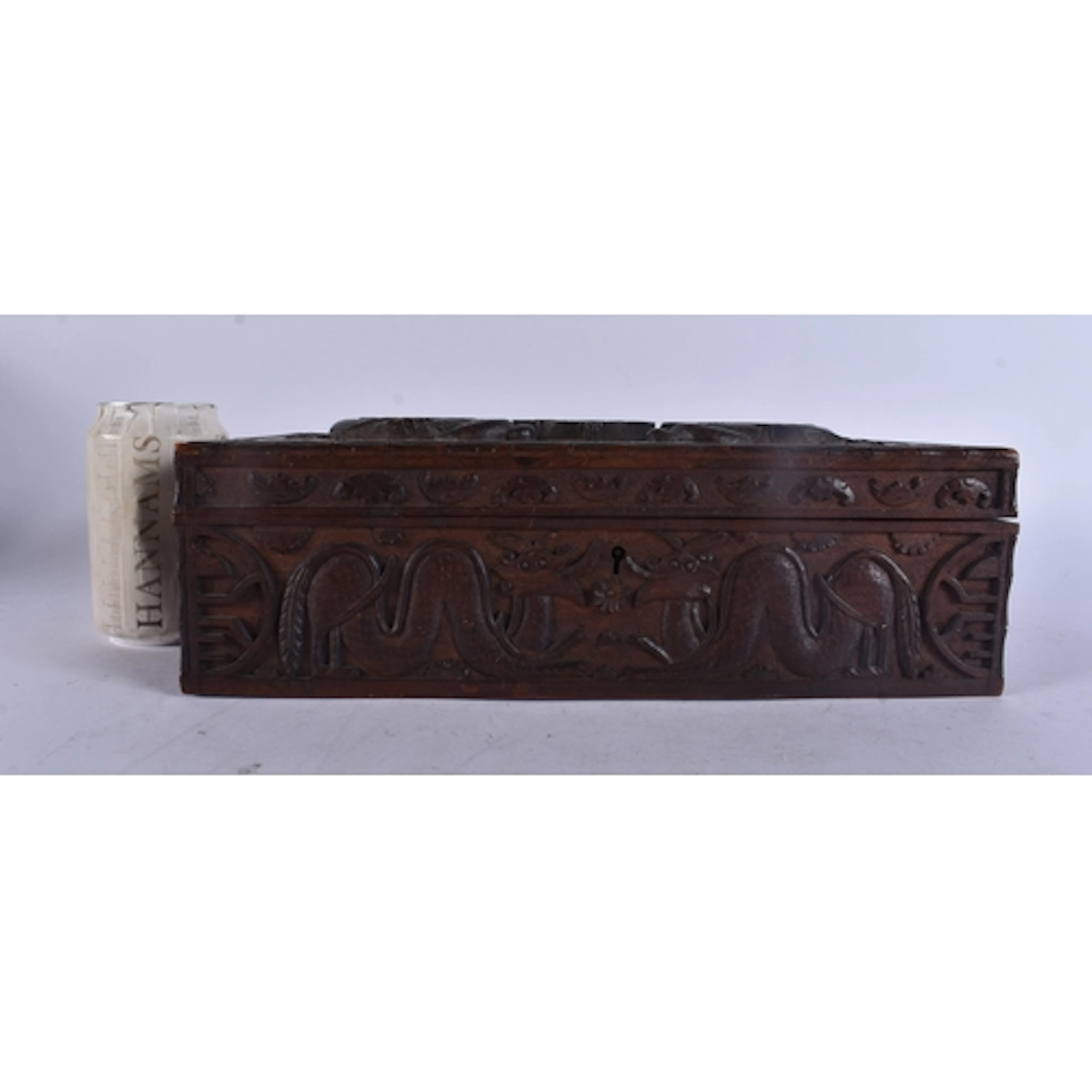 AN ANTIQUE BURMESE ASIAN CARVED HARDWOOD DRAGON BOX. 32 cm x...