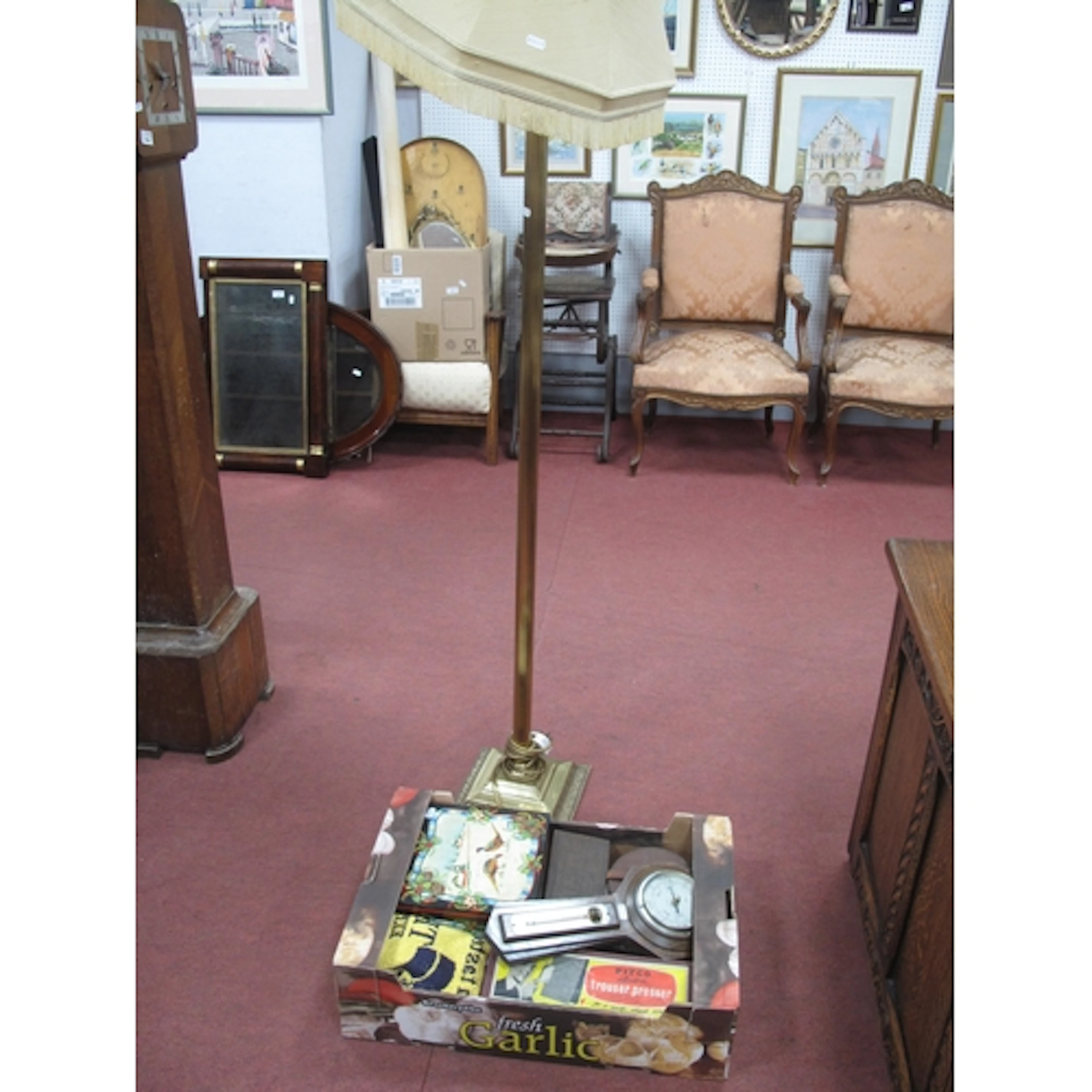 Collectables, including BHS brass floor lamp with cream shad...