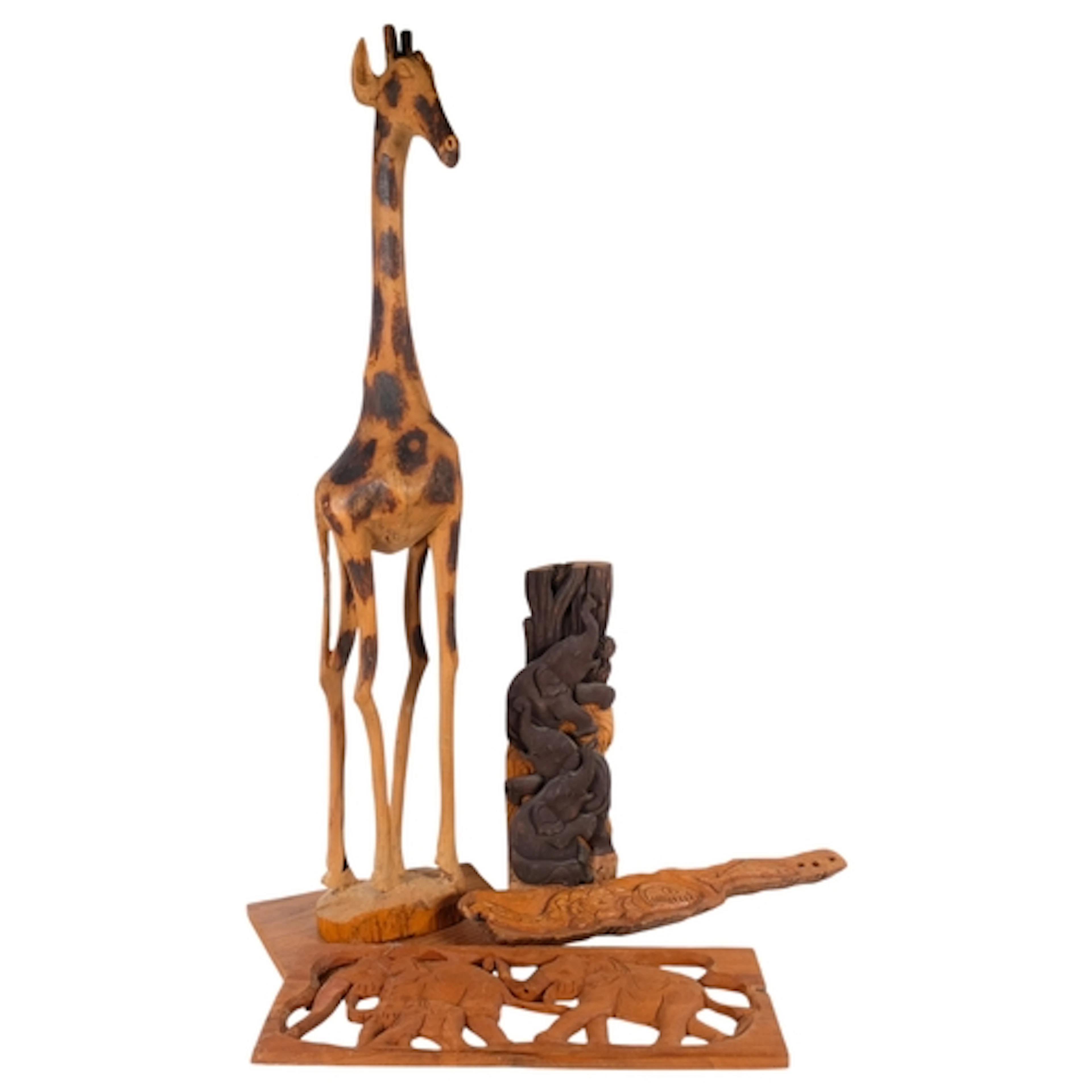 A large carved wood giraffe on plinth, H110cm, carved wood A...