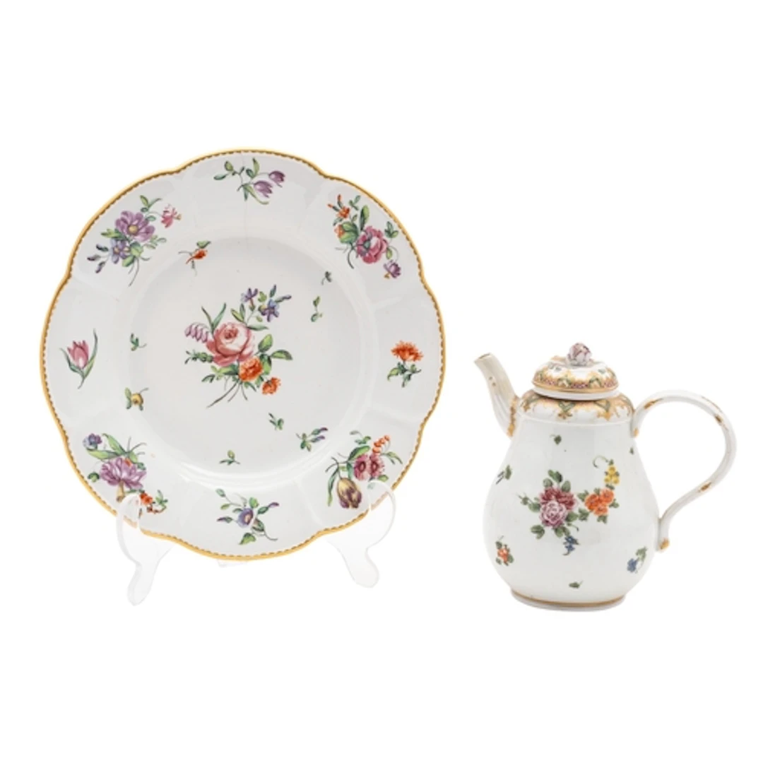 A Champion's Bristol lobed dish and a pear-shaped coffee pot...