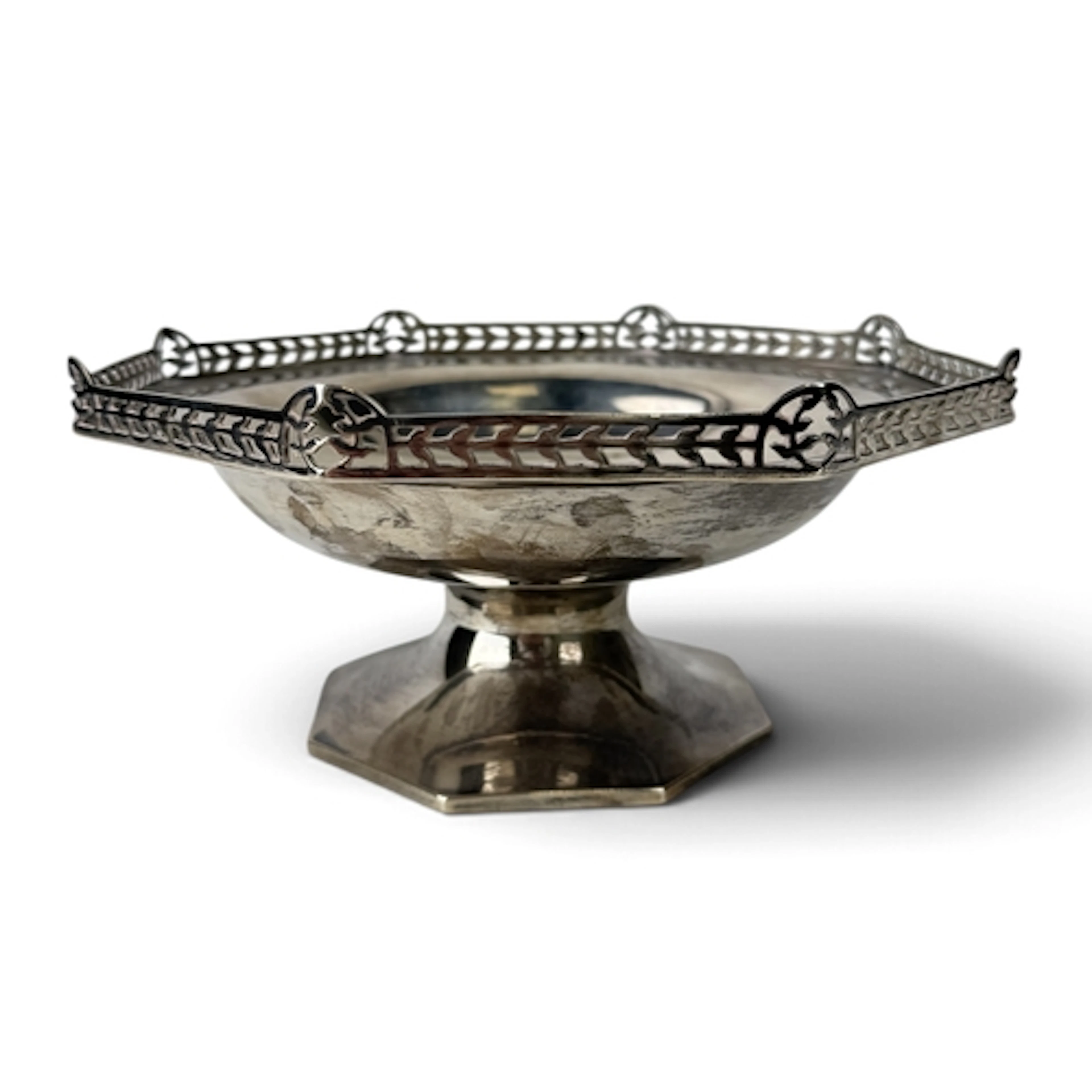 A GEORGE V HEXAGONAL SILVER FRUIT STAND, WALKER & HALL, ...