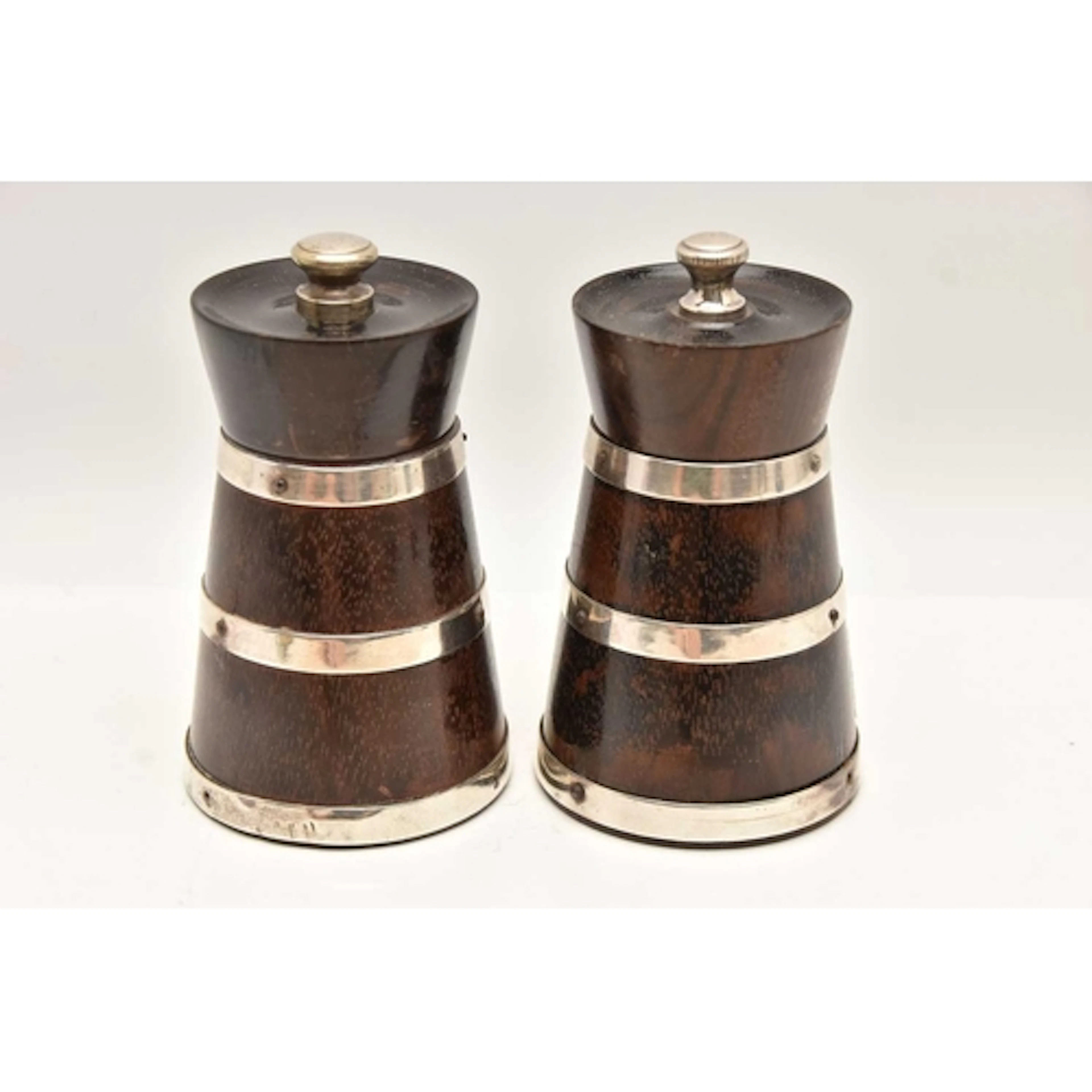 A PAIR OF SILVER MOUNTED HARDWOOD SALT AND PEPPER MILLS, hal...