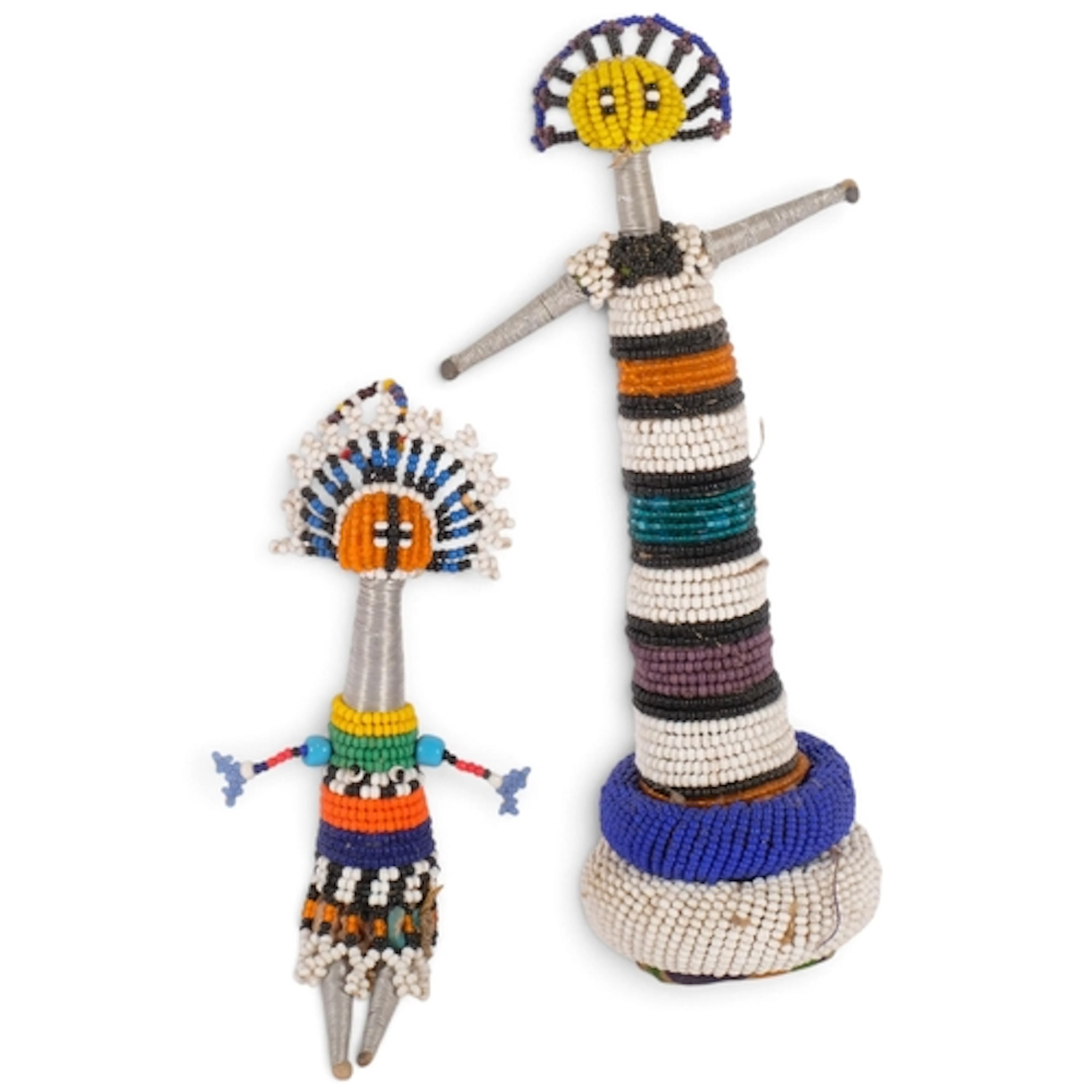 2 traditional South African beadwork dolls, with wirework li...