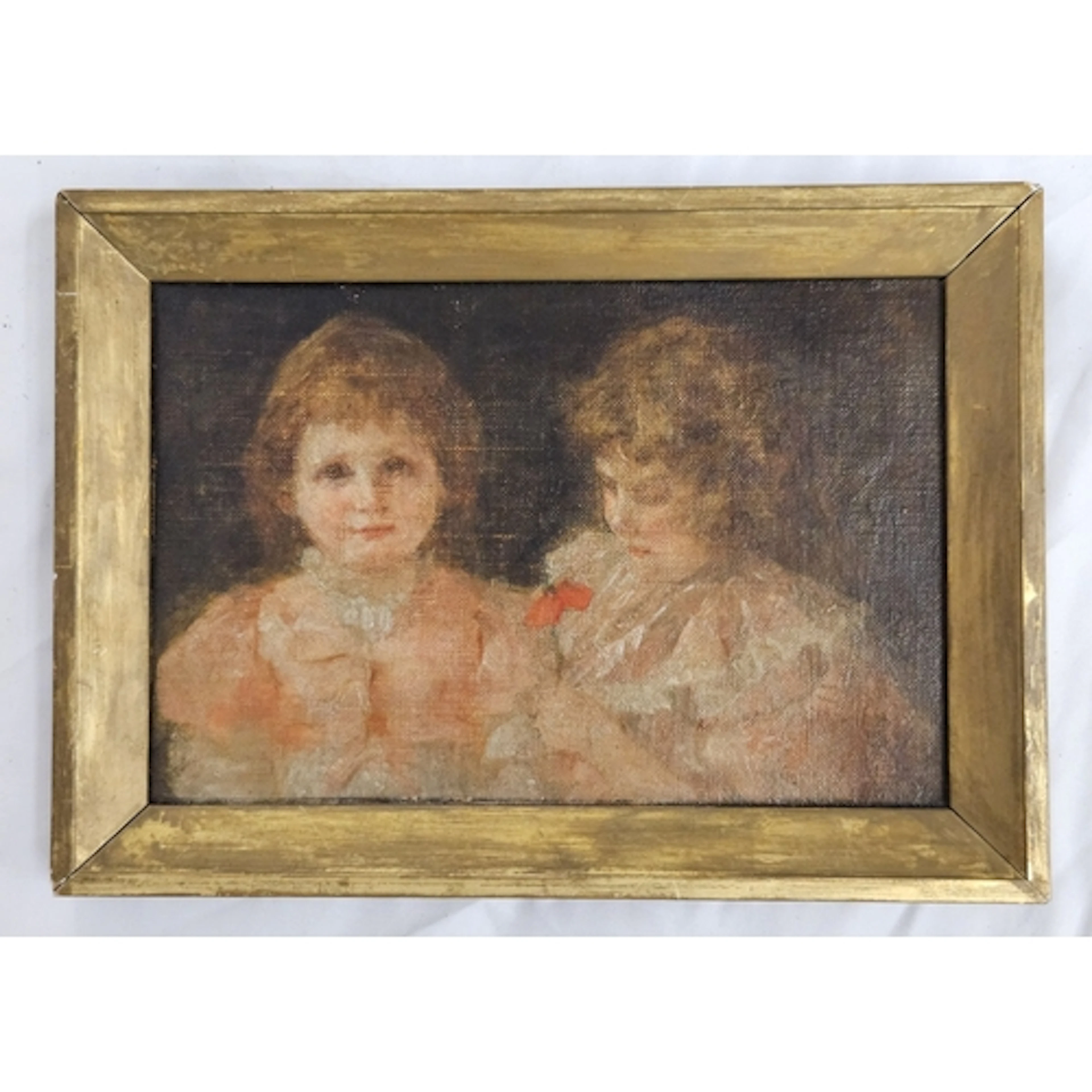 Framed Oil on Canvas Board, 2 children with note 'Exhibited ...