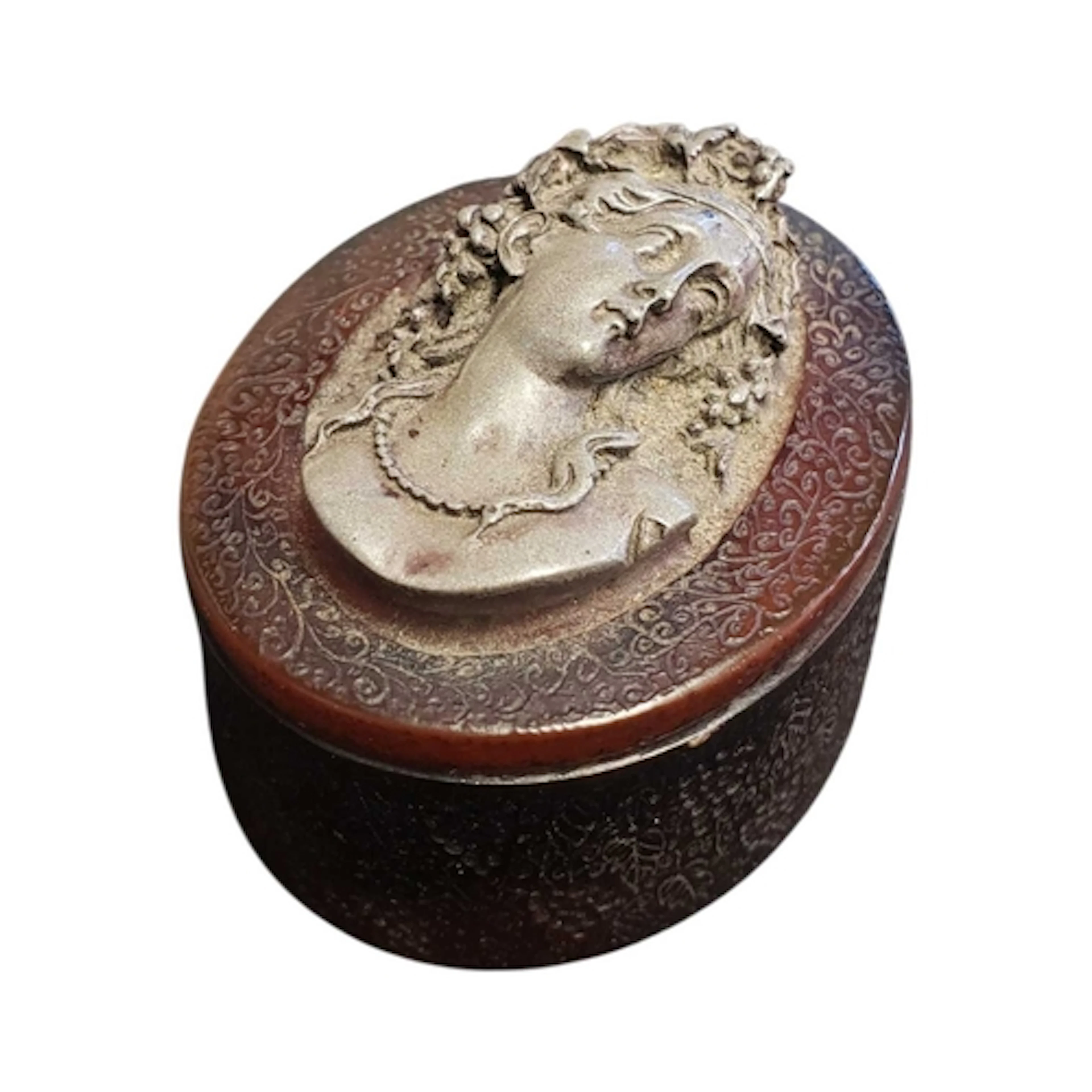 19th century Paris Danbiere cameo amber resin lidded pot. Fe...