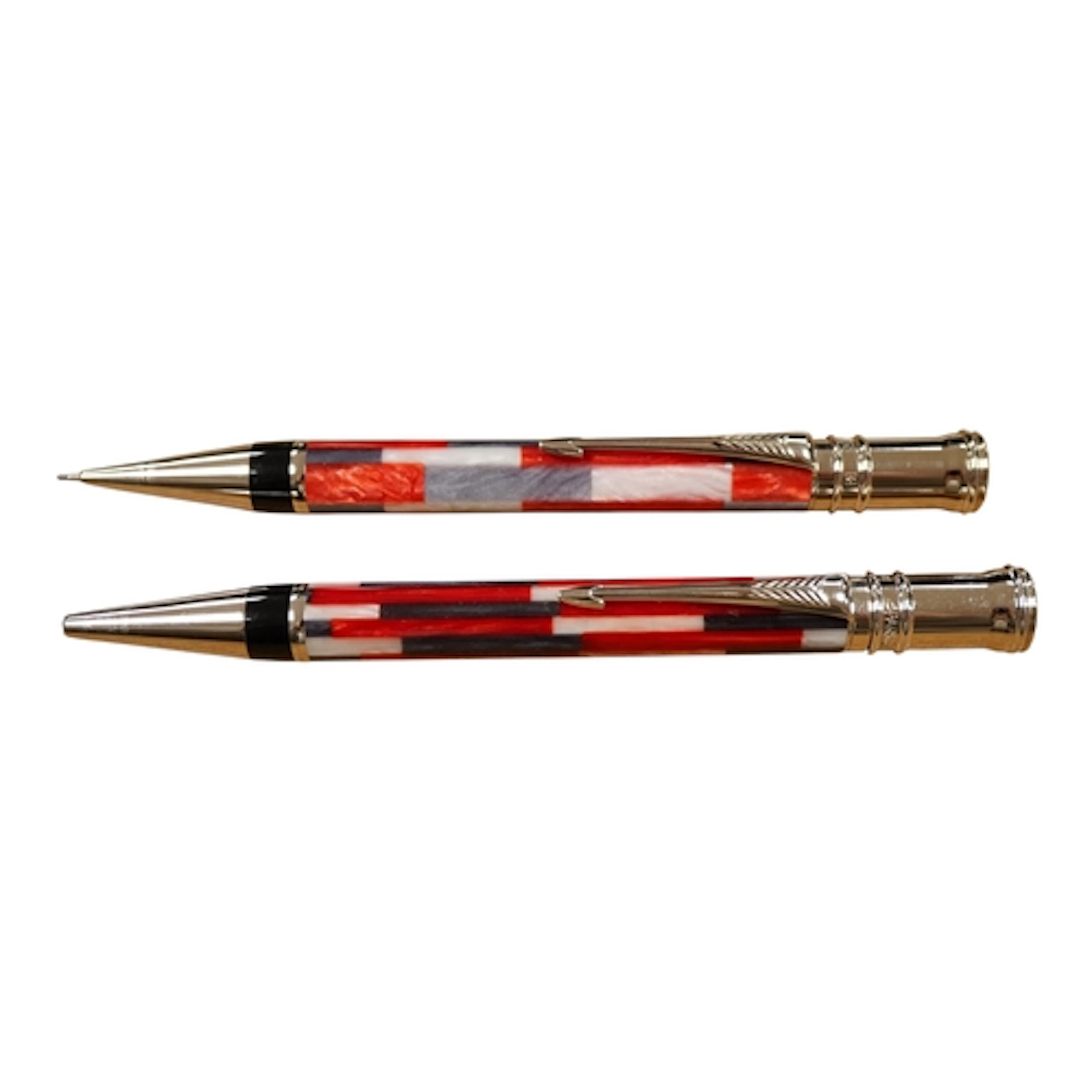 A Parker Red Mozaic Duofold ballpen and matching pencil with...