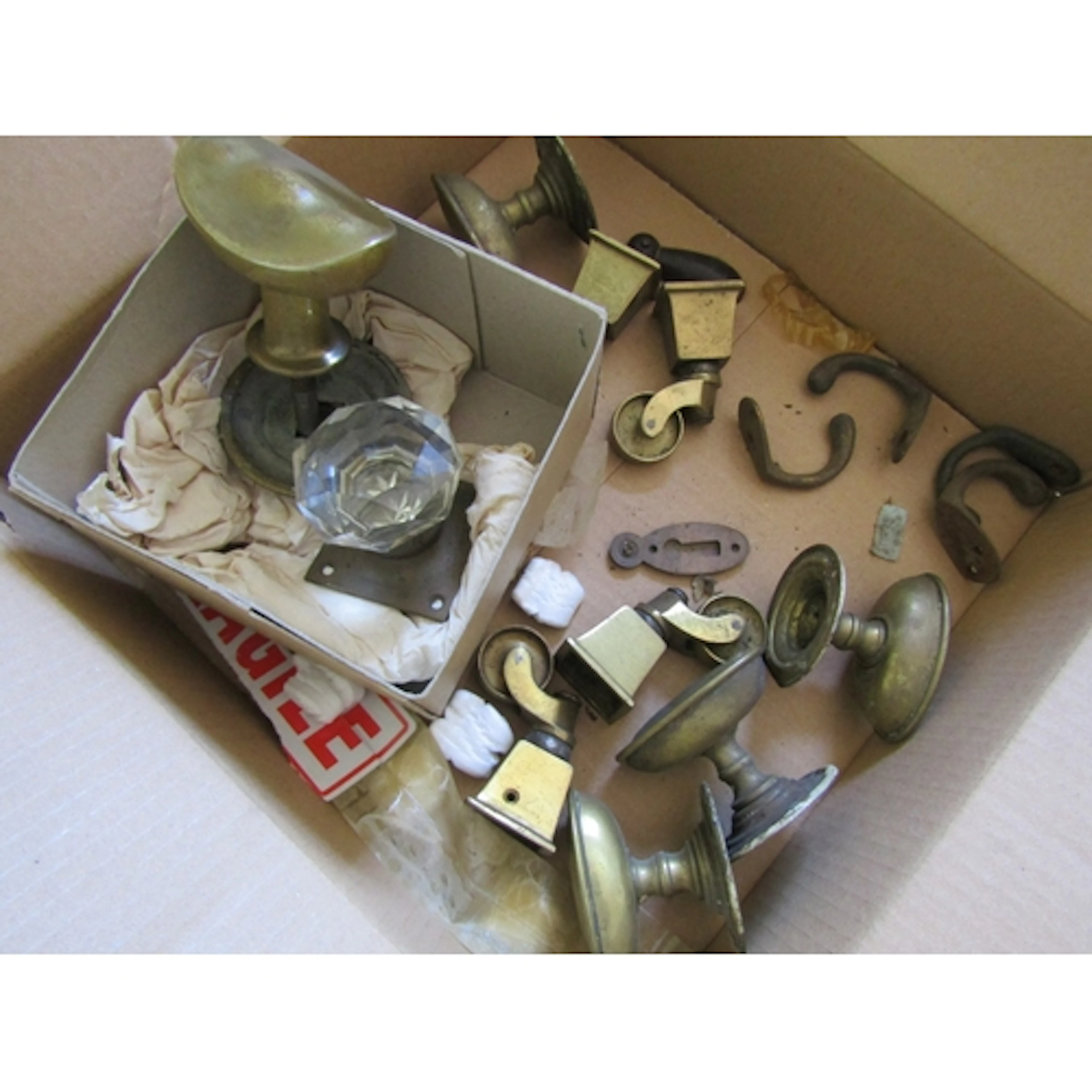 Box of Various Brass Fittings Door Handles, etc Quantity as ...