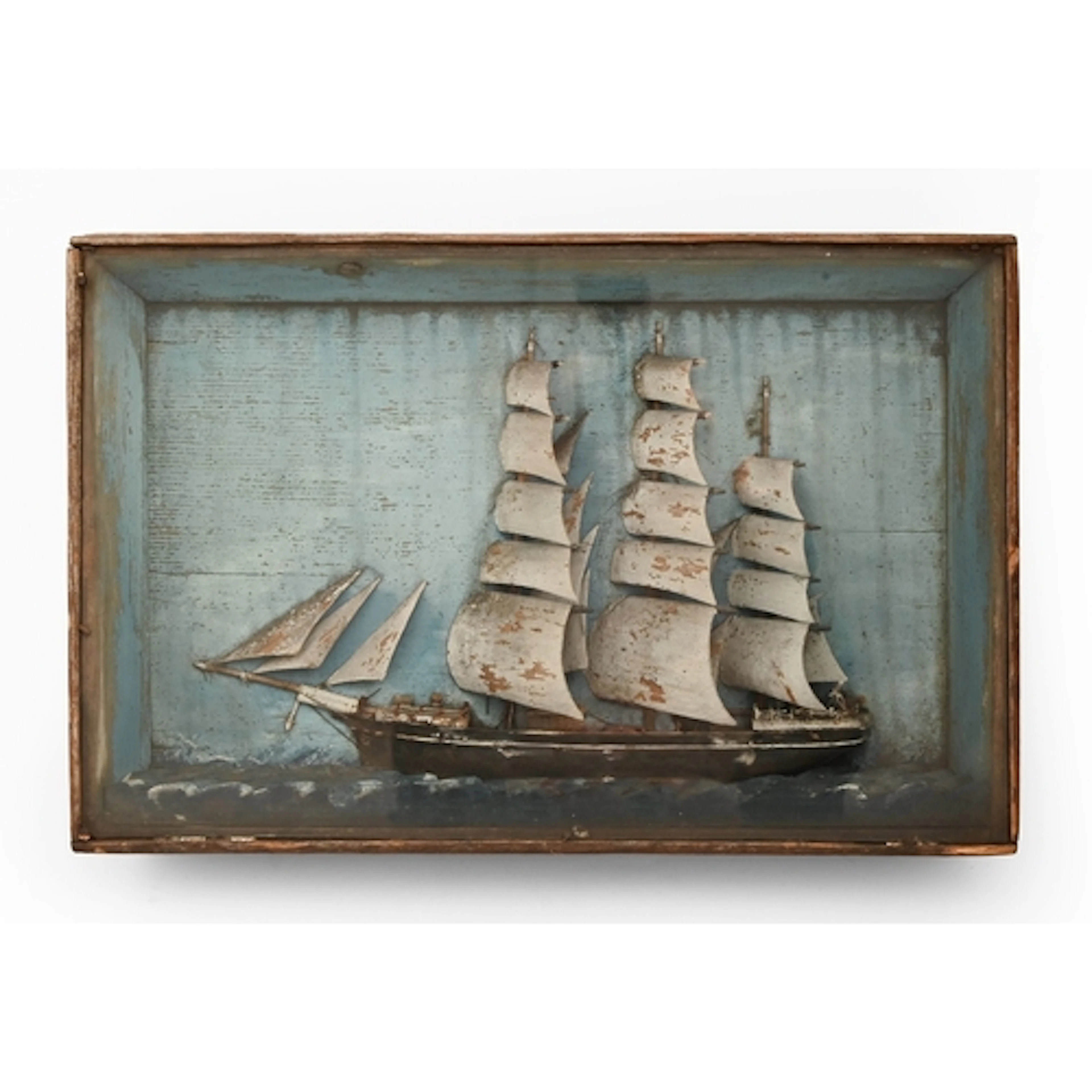 A painted wood marine diorama of a full rigged ship, 19th c,...
