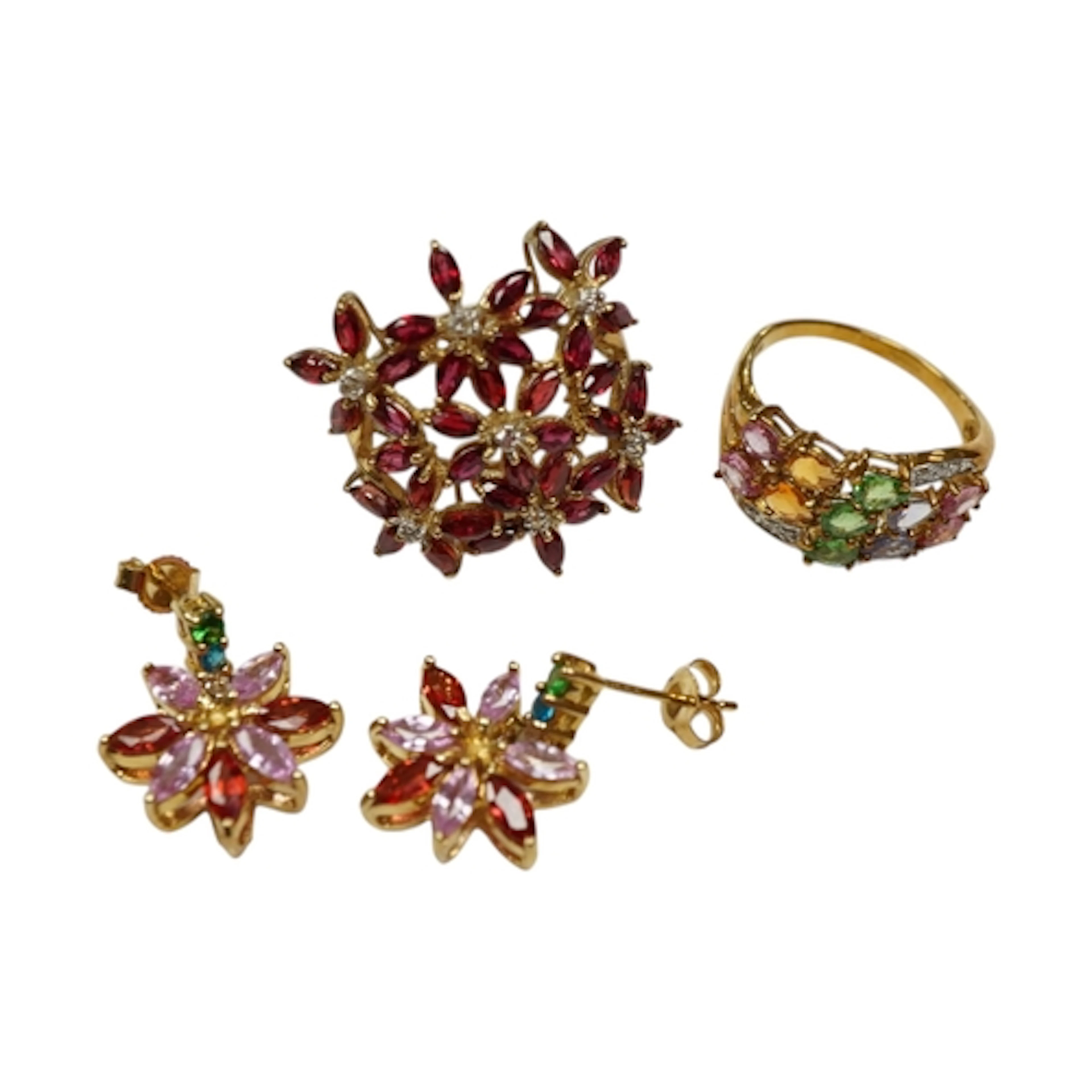A recent 9ct gold and multi-gem set cluster ring, size N, a ...