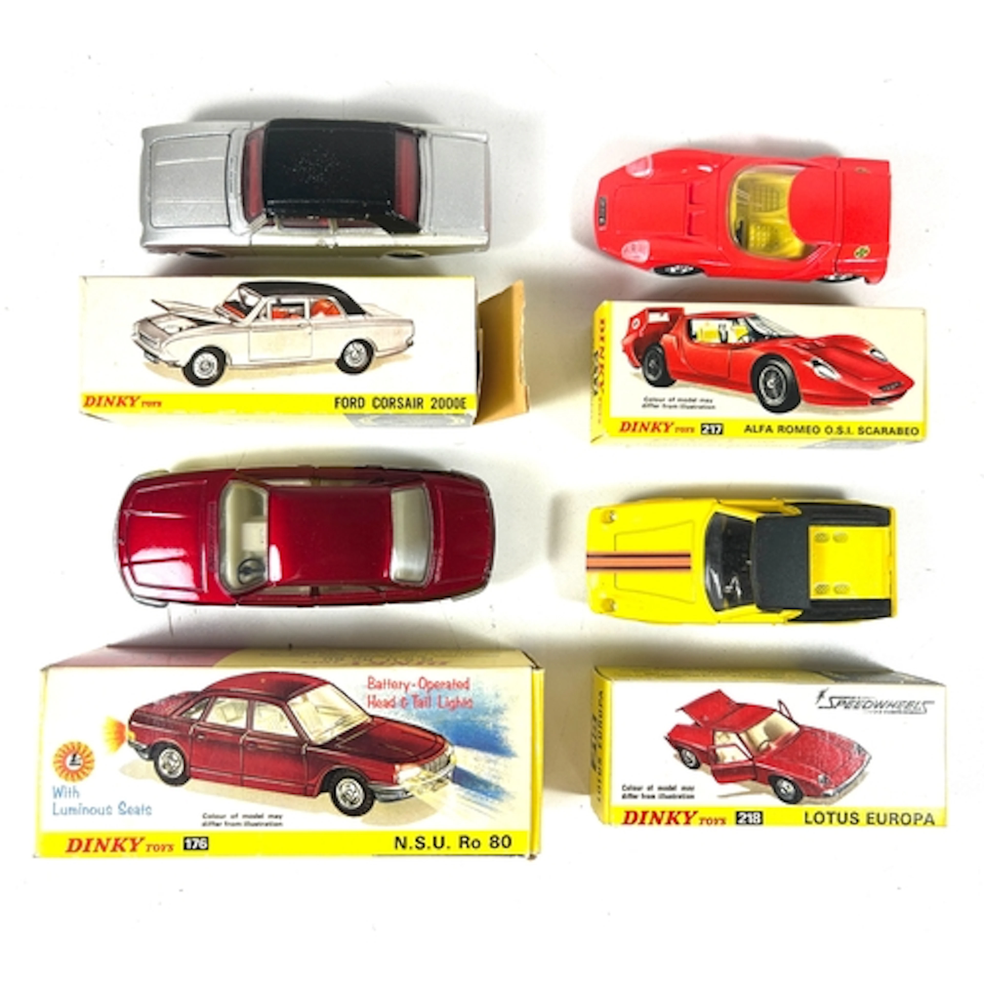 4 Dinky Toys. N.S.U. Ro80 (176). Ford Corsair 2000E (169). A...