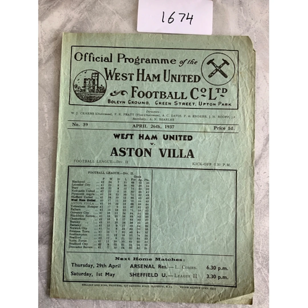 36/37 West Ham v Aston Villa Football Programme: Good condit...