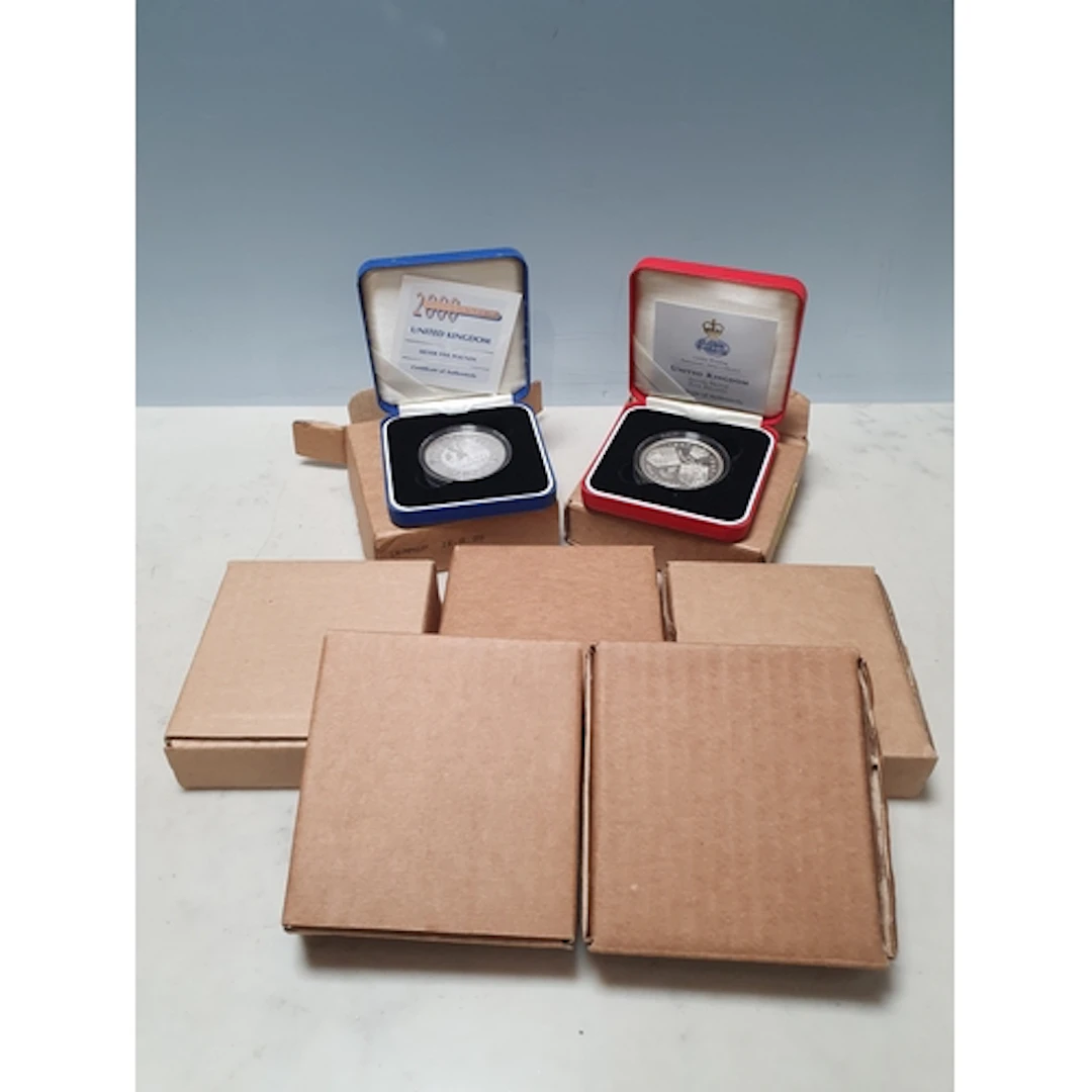 Royal Mint, silver proof 5 Pound Coins, 1990 x2, 1996 x2, 19...