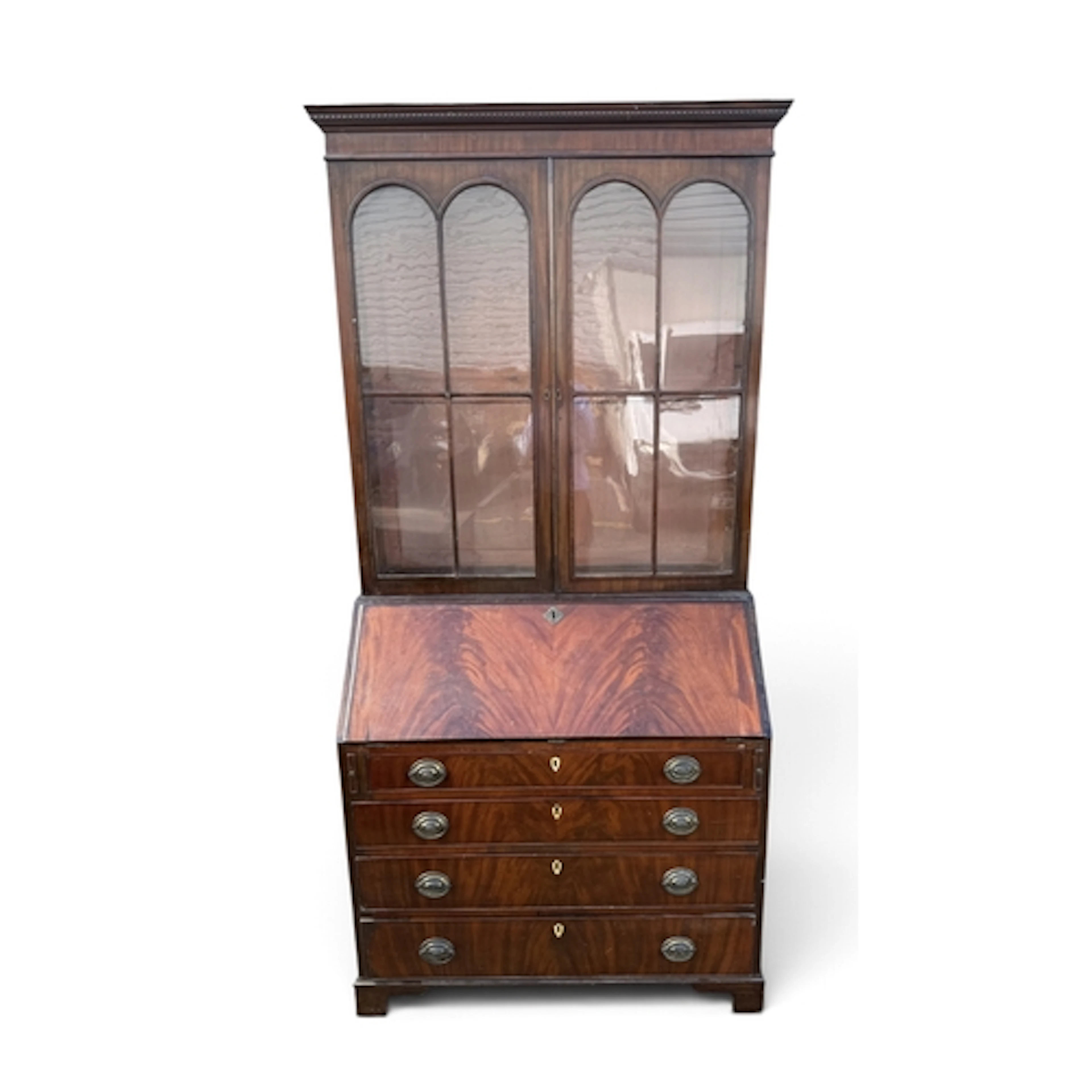 A GEORGE III STYLE MAHOGANY BUREAU BOOKCASE, WITH GLAZED UPP...