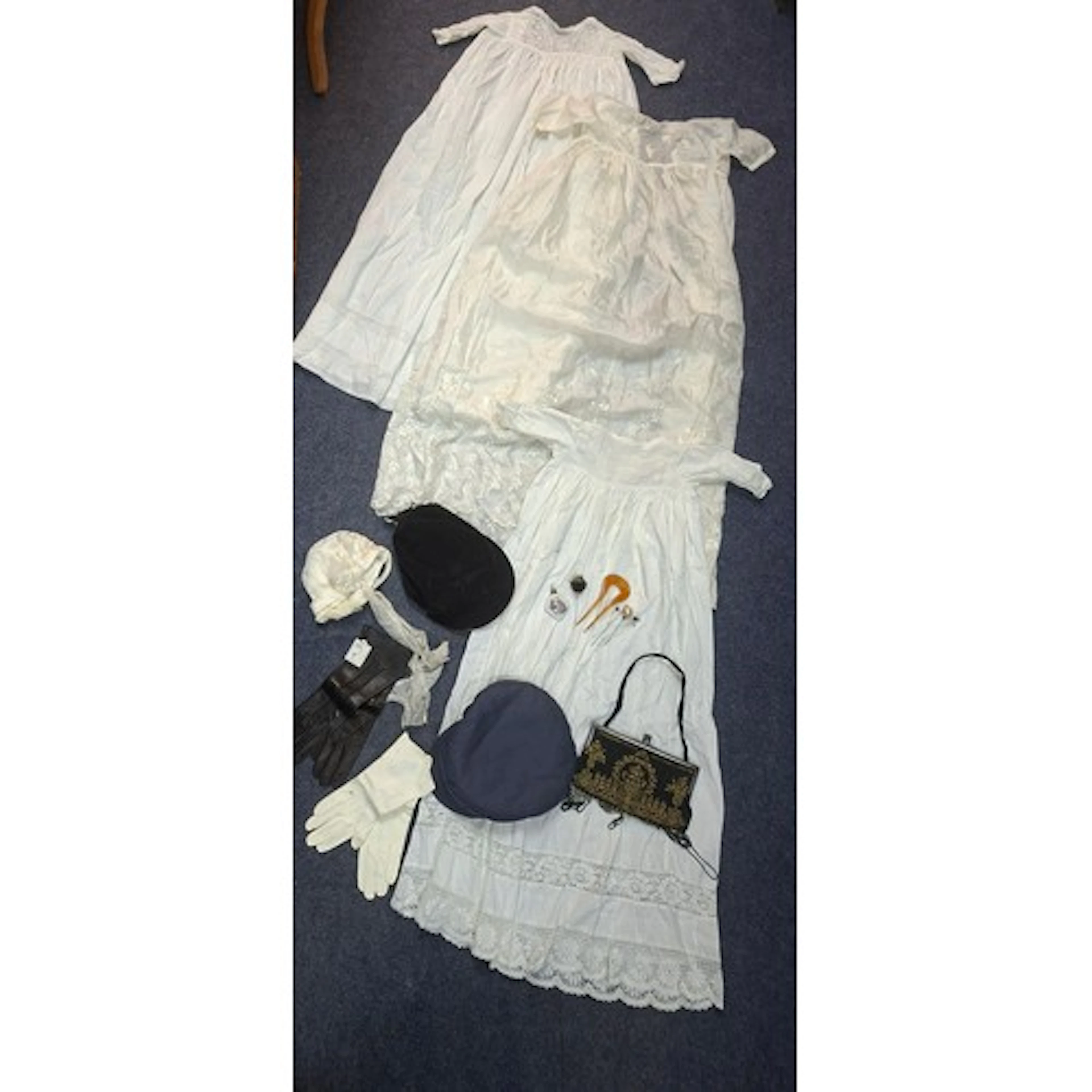 Three christening gowns, a Victorian black and gold beaded e...