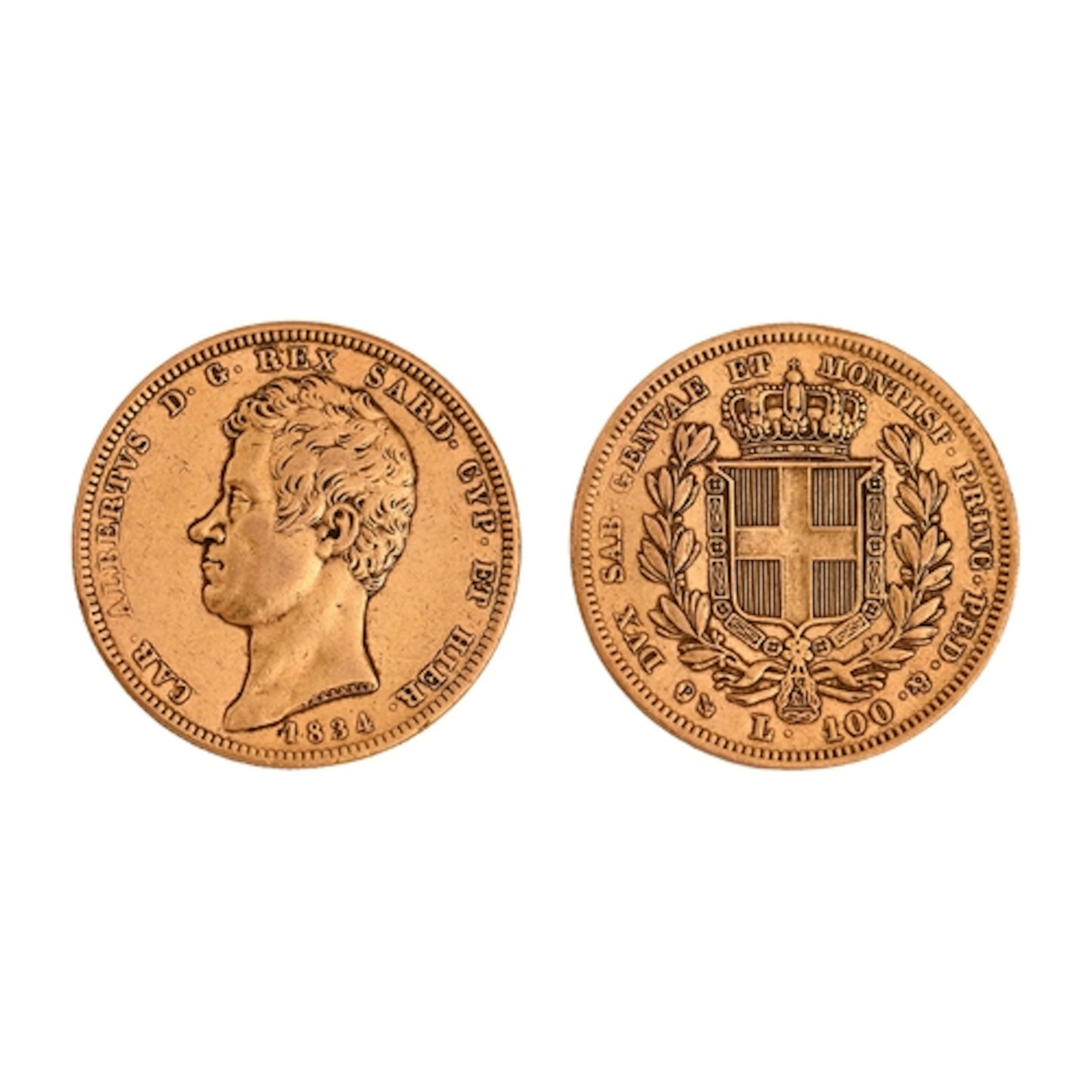 Gold coin. Italy, Kingdom of Sardinia, Carlo Alberto 100L 18...