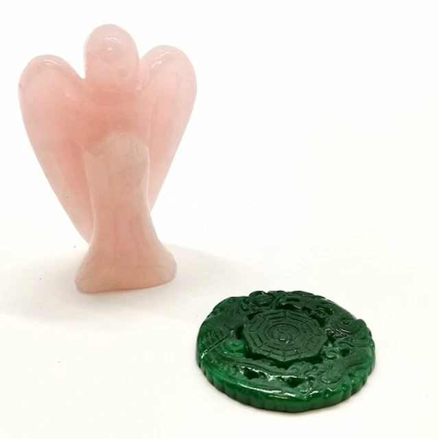 Rose quartz carved bird figure t/w Chinese jade phoenix / dr...