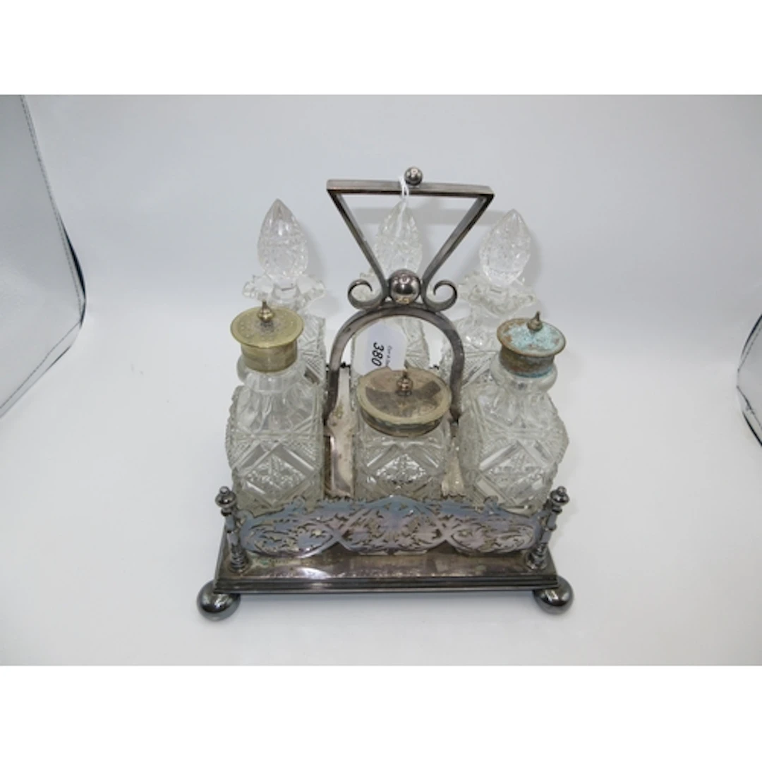 Victorian Silver Plate and Cut Glass 6 Bottle Cruet Set