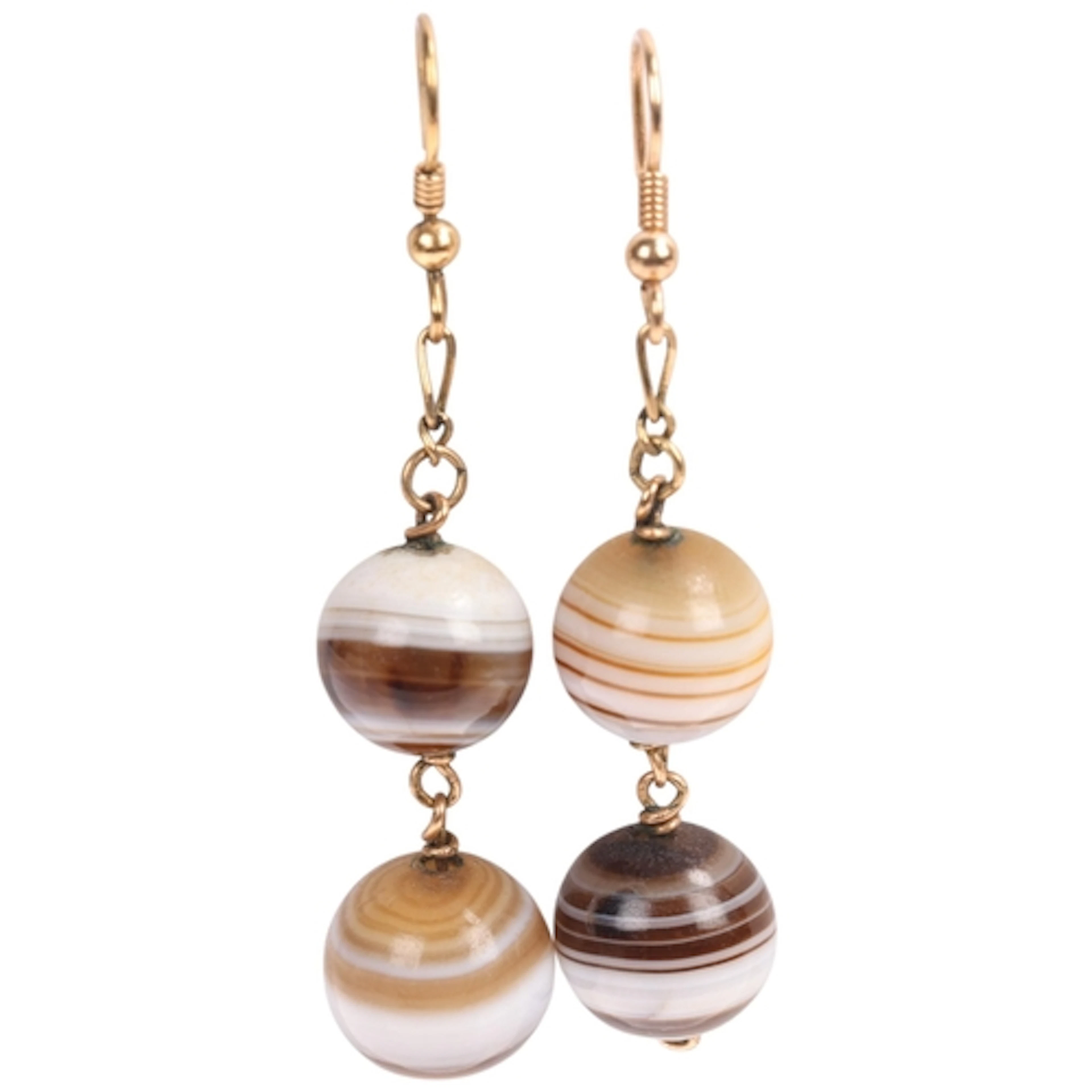 A pair of Vintage 9ct gold banded agate drop earrings, set w...