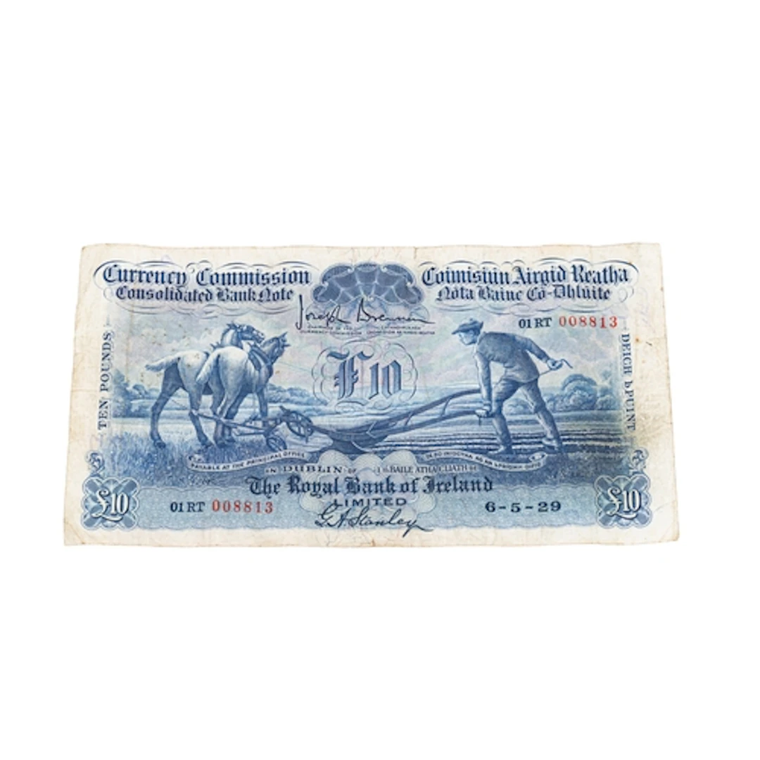 A 1929 ROYAL OF IRELAND £10 PLOUGHMAN IRISH BANKNOTE, fine (...