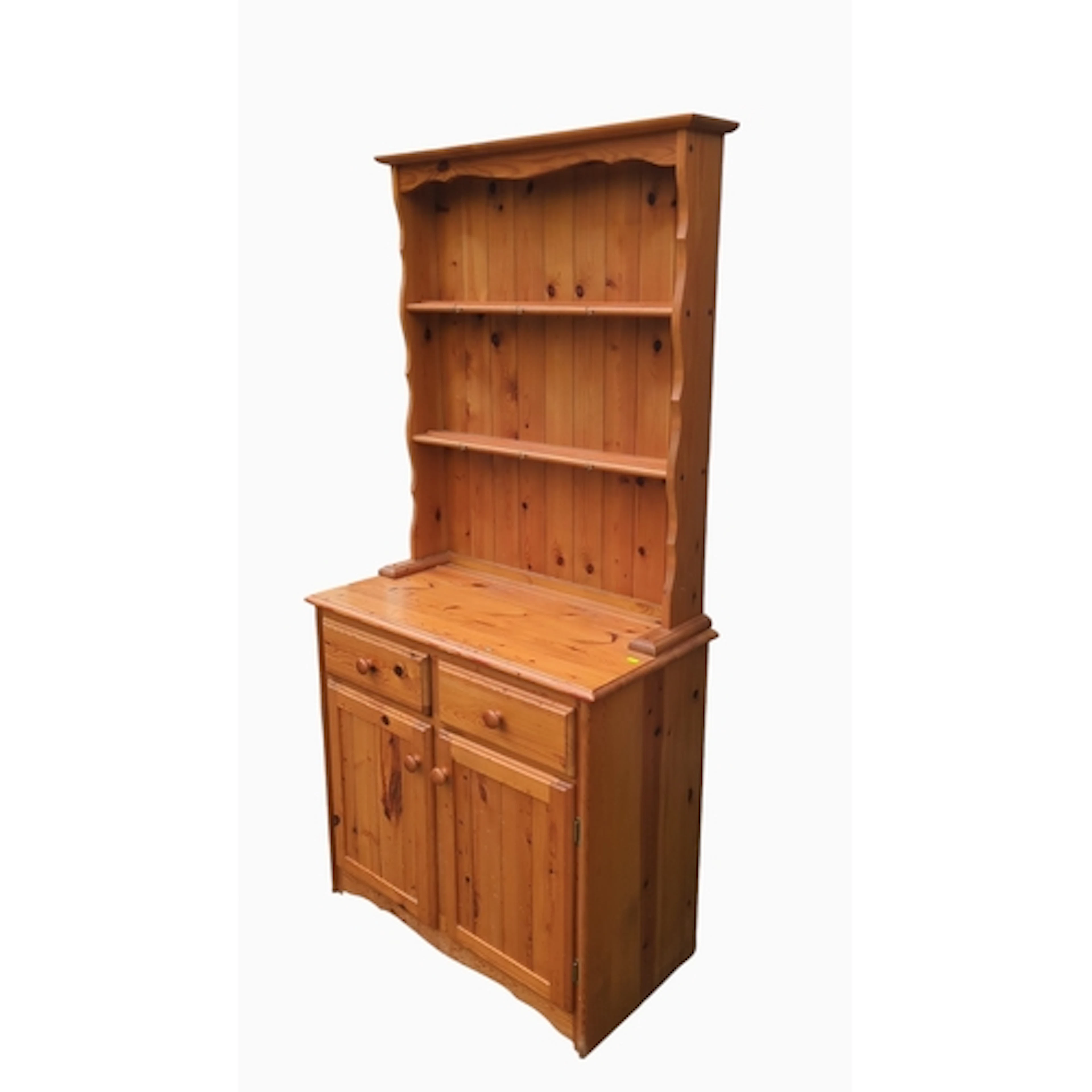 Pine kitchen dresser with a boarded open rack, two shelves f...