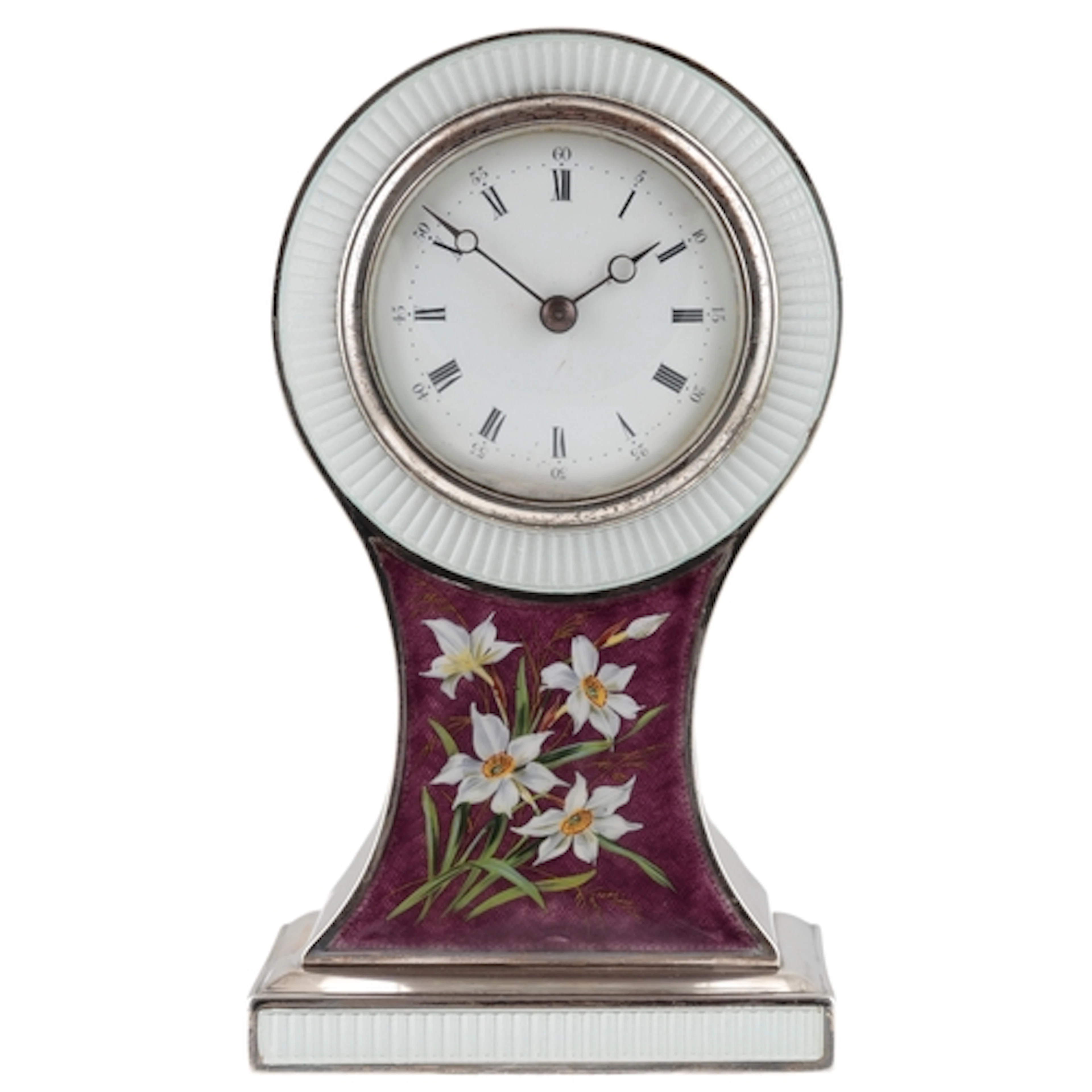 An Edwardian silver and guilloche enamel balloon shaped mant...